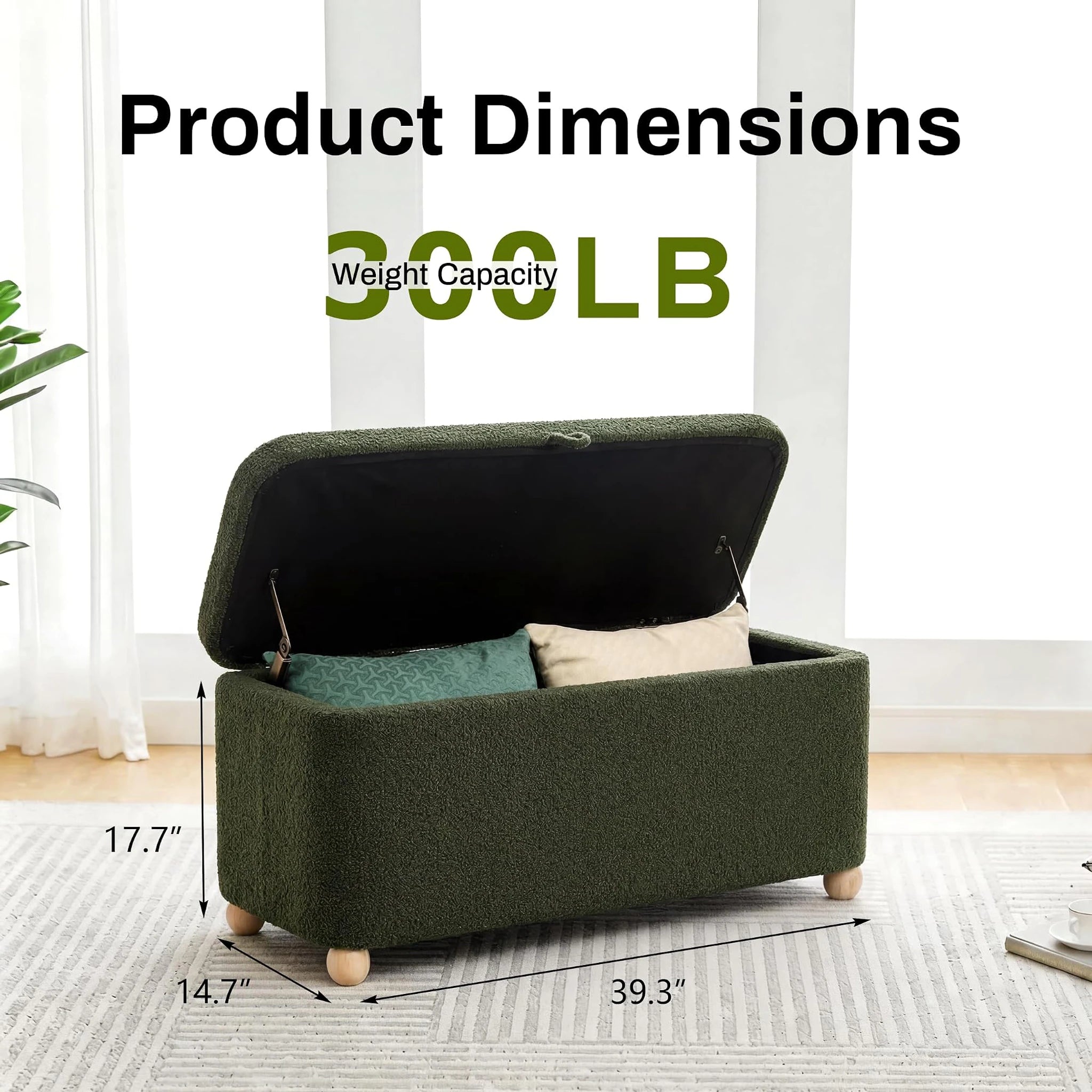 Homebeez Green Fabric Storage Ottoman Bench – dimensions chart