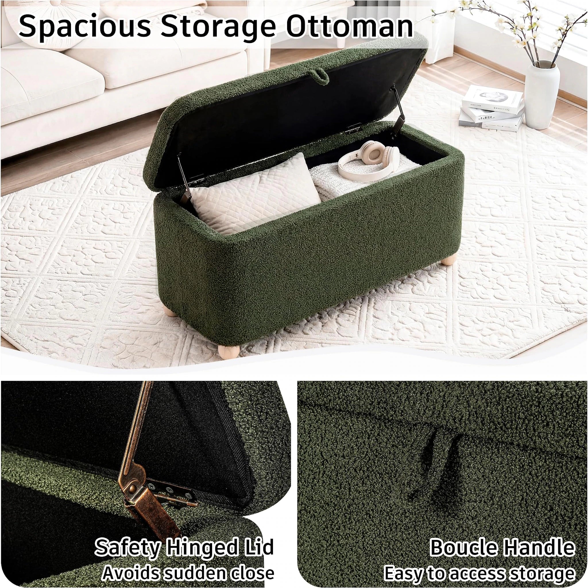 Homebeez Green Fabric Storage Ottoman Bench – detail and materials view