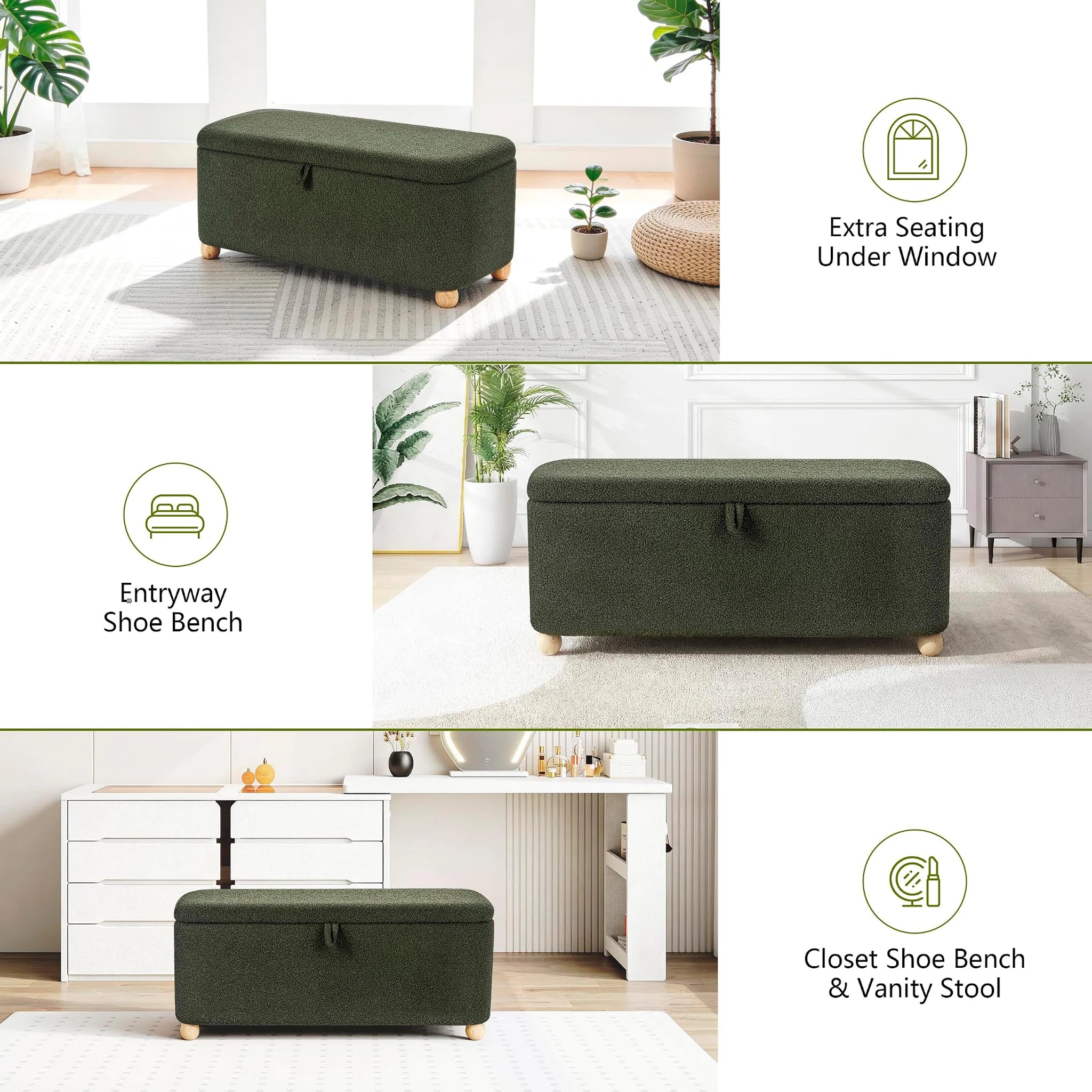 Homebeez Green Fabric Storage Ottoman Bench – lifestyle room view