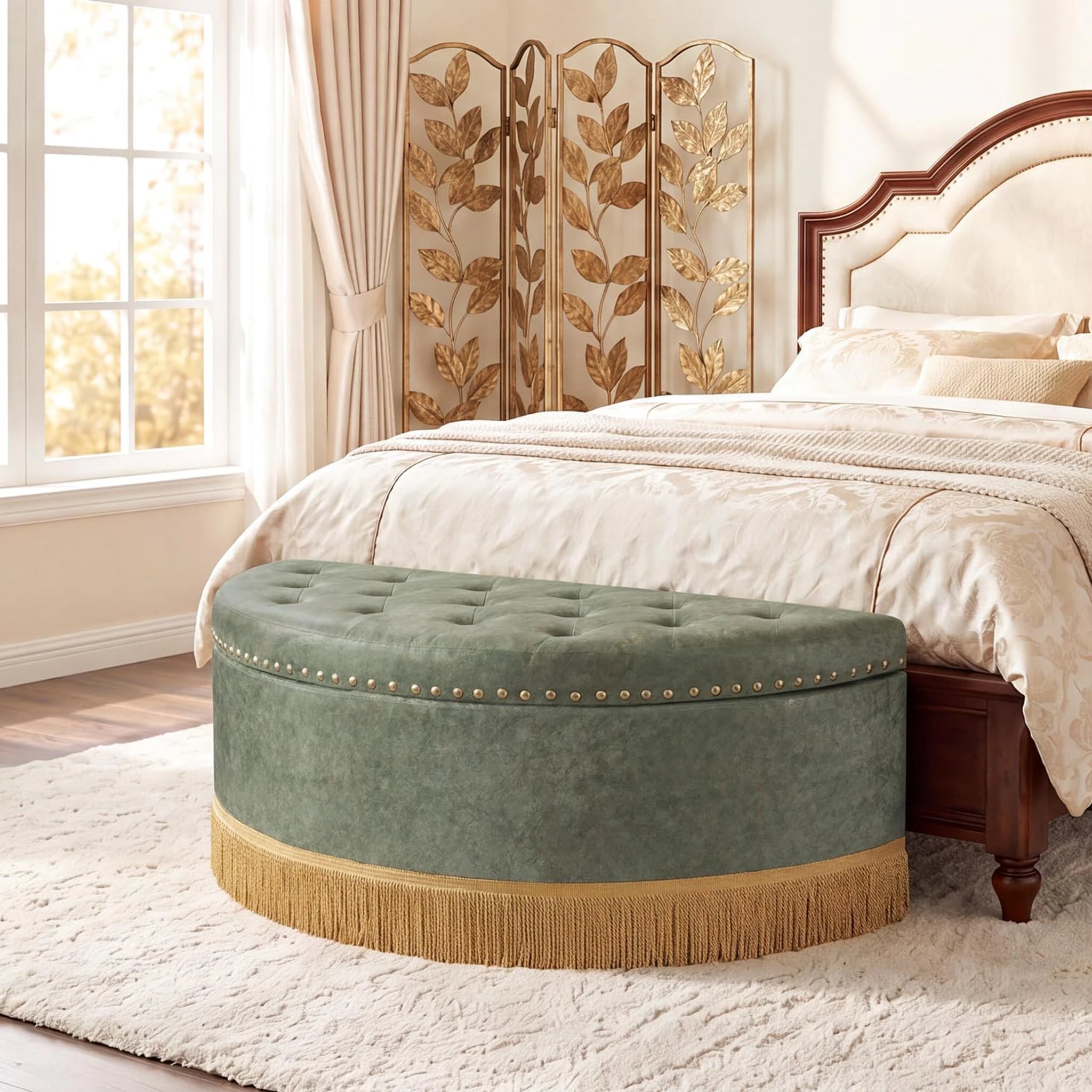 Homebeez Green With Bullion Fringe Tufted Velvet Storage Ottoman Bench – styled home scene