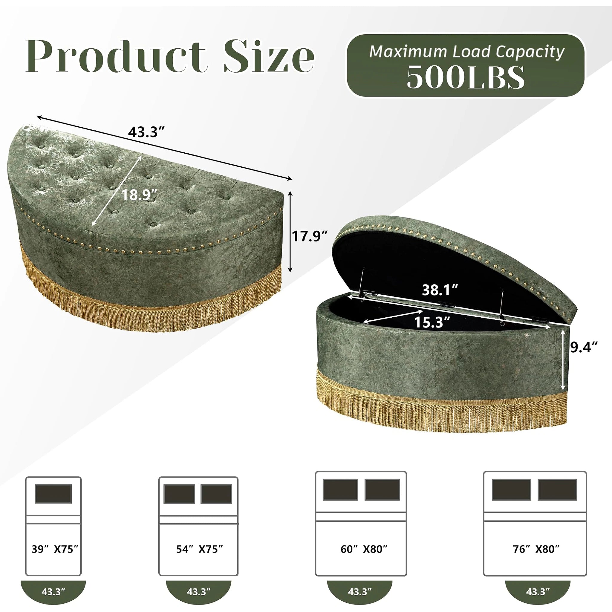 Homebeez Green With Bullion Fringe Tufted Velvet Storage Ottoman Bench – dimensions chart