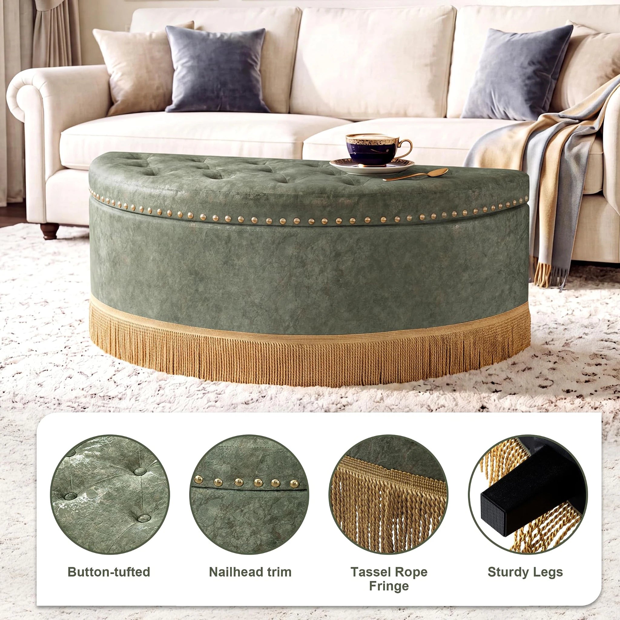 Homebeez Green With Bullion Fringe Tufted Velvet Storage Ottoman Bench – detail and materials view