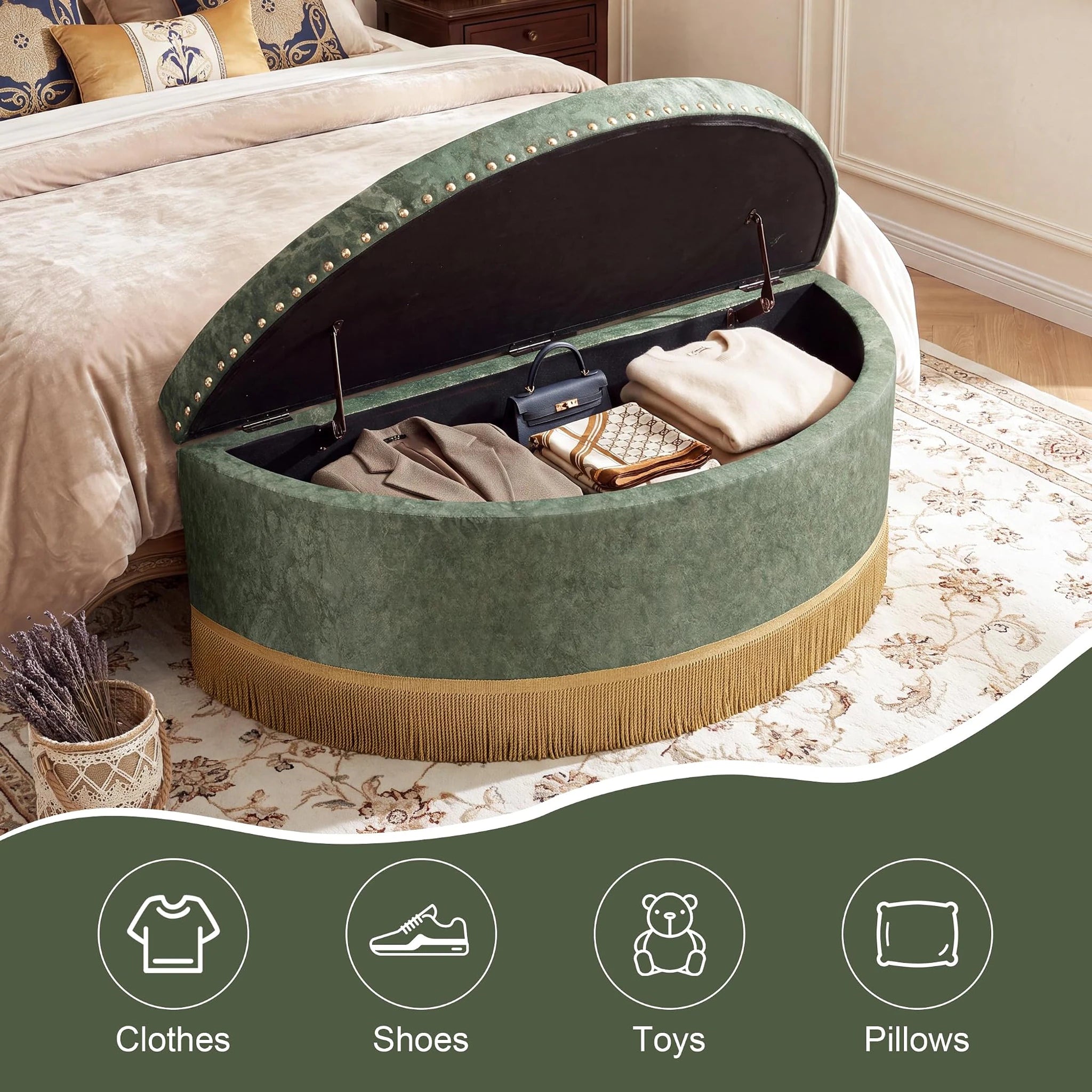 Homebeez Green With Bullion Fringe Tufted Velvet Storage Ottoman Bench – lifestyle room view