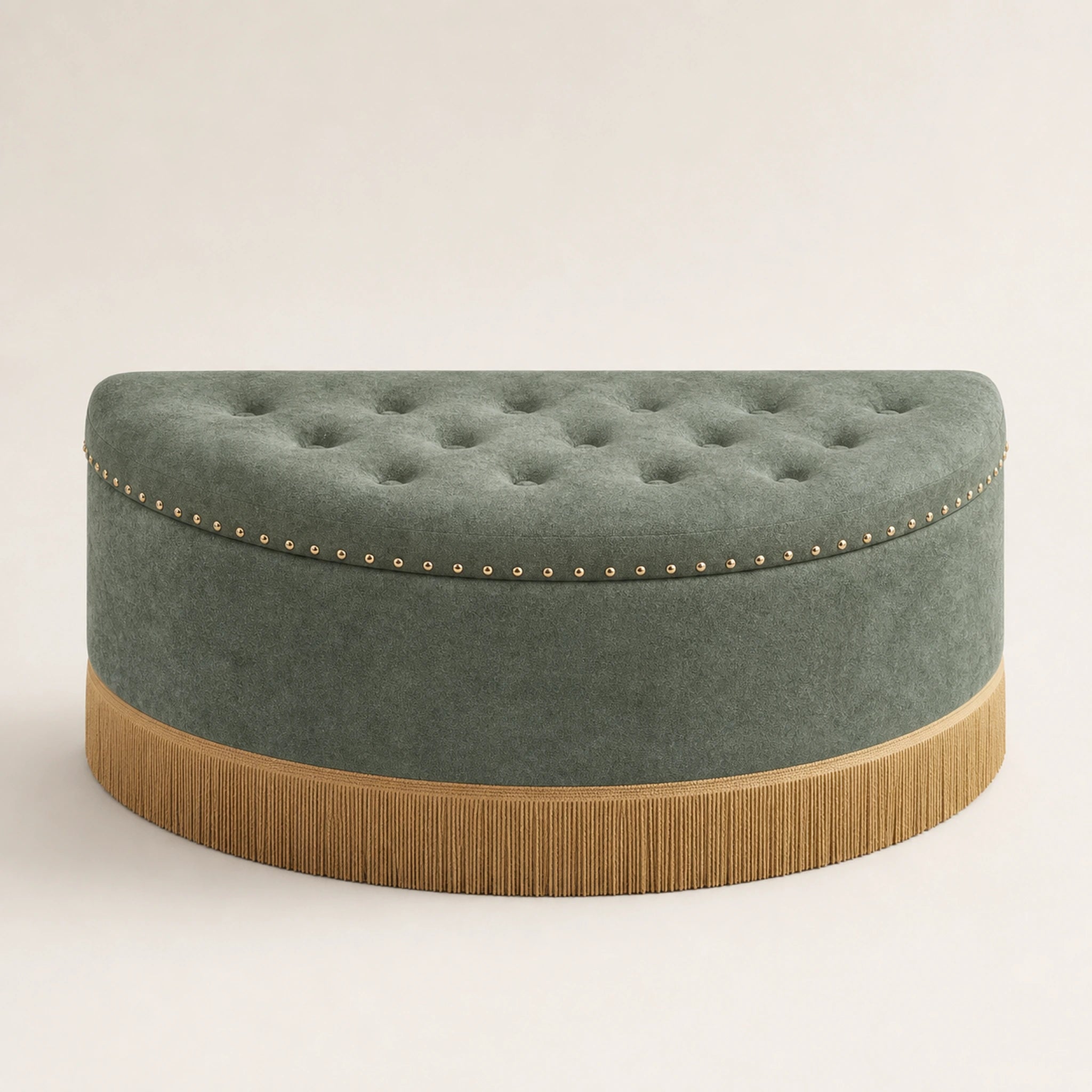 Beringia -green With Bullion Fringe velvet 43.5-inch storage ottoman – warm studio front view