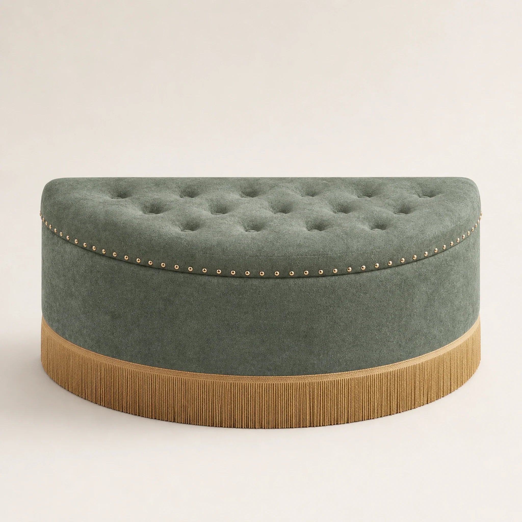 Homebeez Green With Bullion Fringe storage ottoman – warm studio front view
