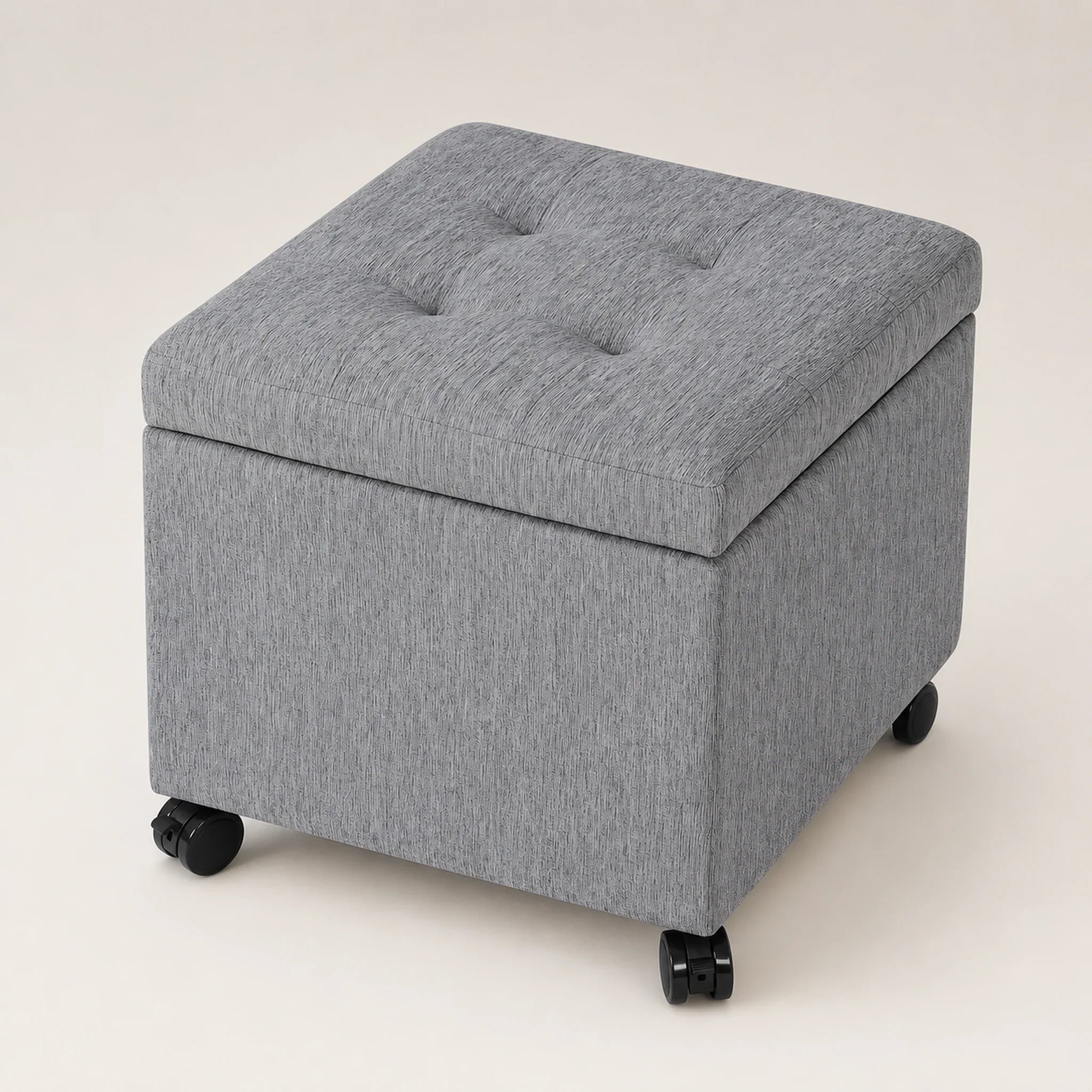 Homebeez Grey & Wheels storage ottoman – warm studio front view
