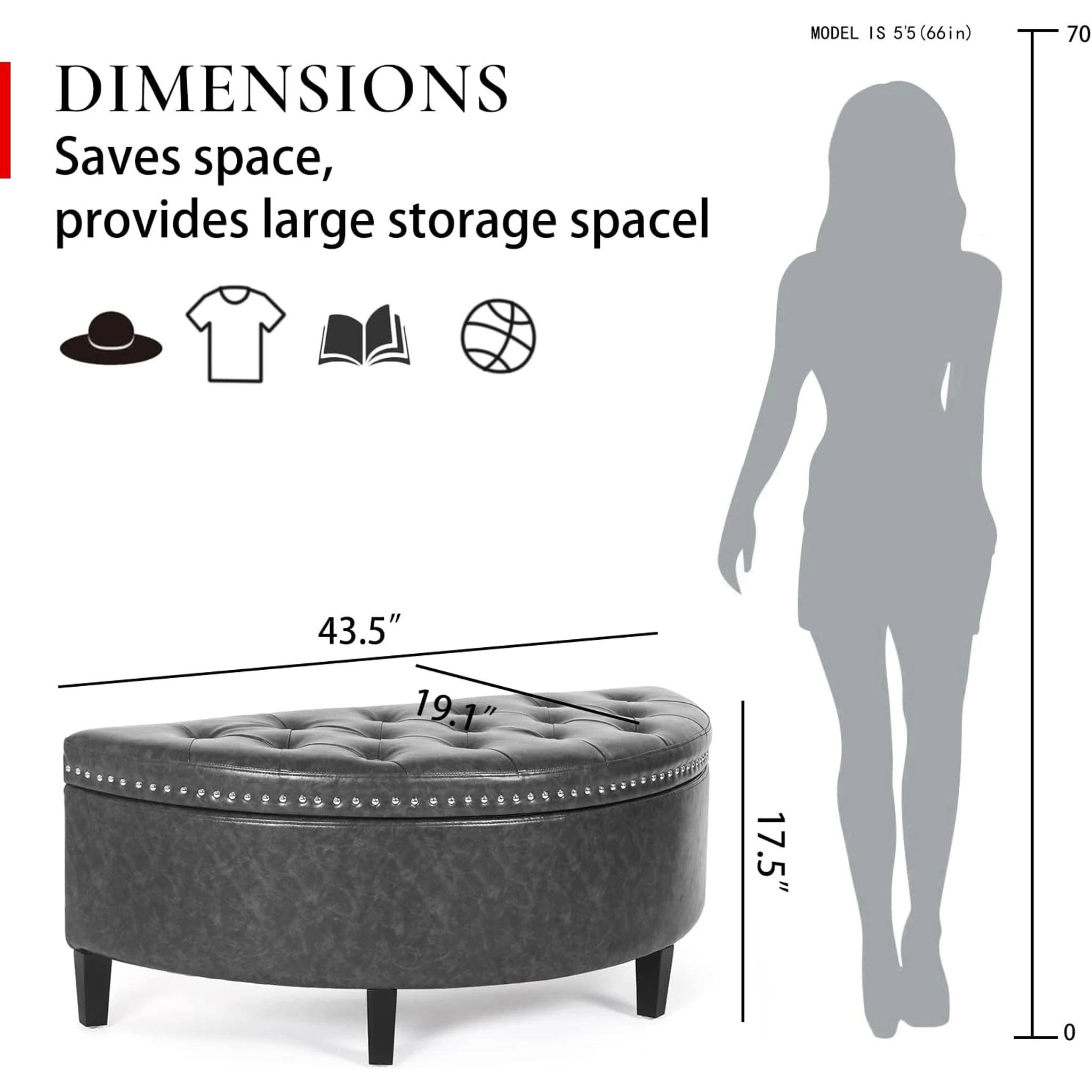Homebeez Grey Lift-Top Tufted Faux Leather Storage Ottoman Bench – dimensions chart
