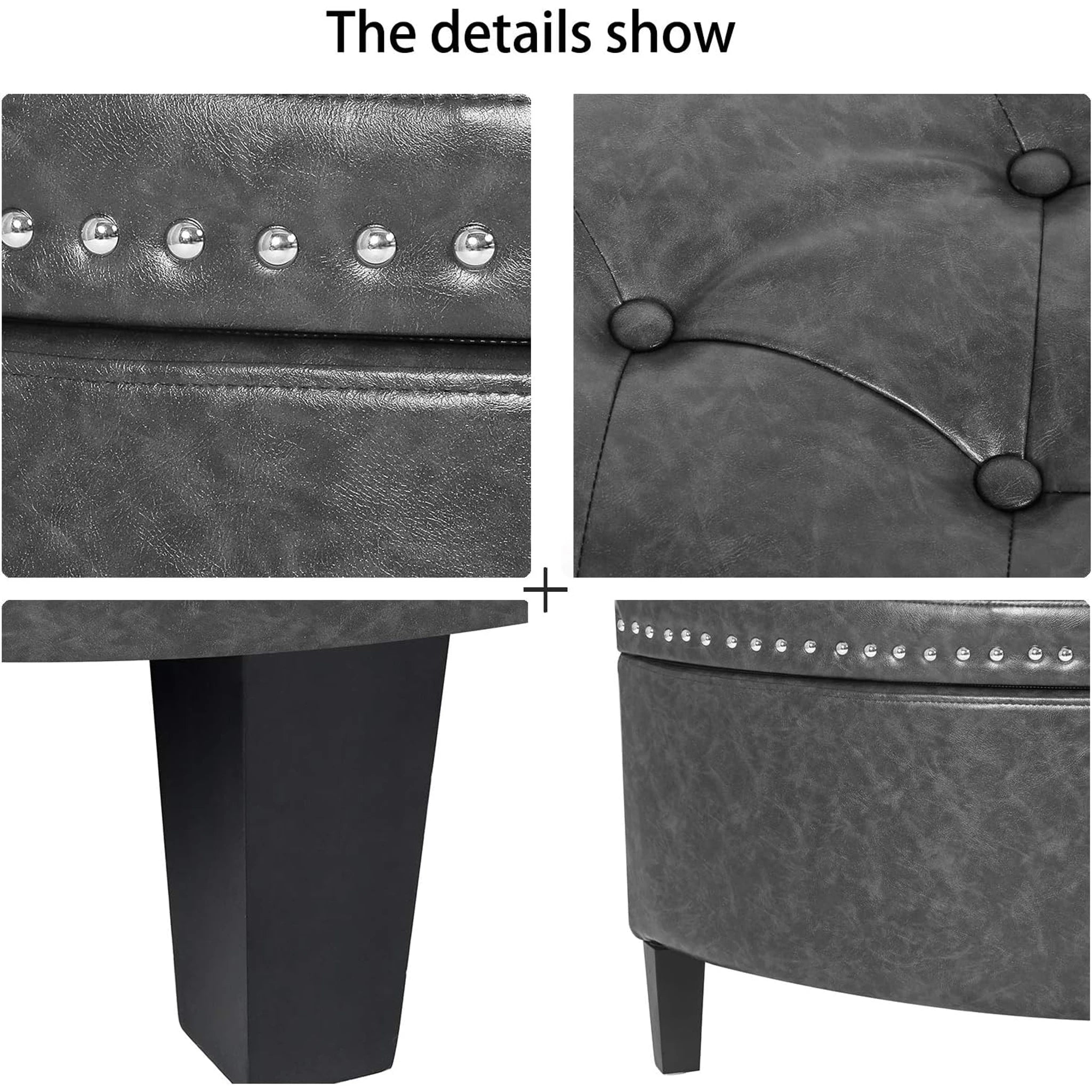 Homebeez Grey Lift-Top Tufted Faux Leather Storage Ottoman Bench – detail and materials view