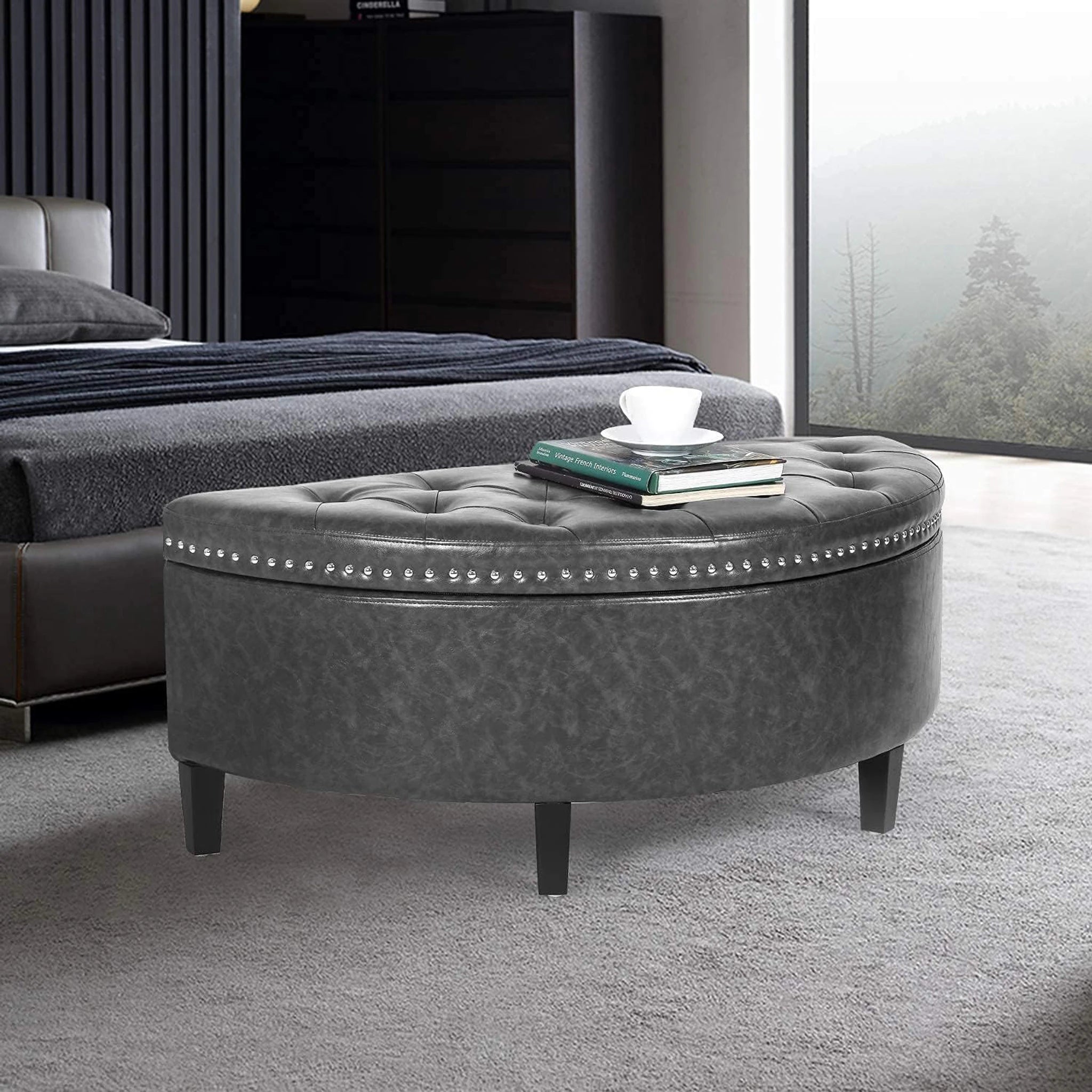 Homebeez Grey Lift-Top Tufted Faux Leather Storage Ottoman Bench – lifestyle room view