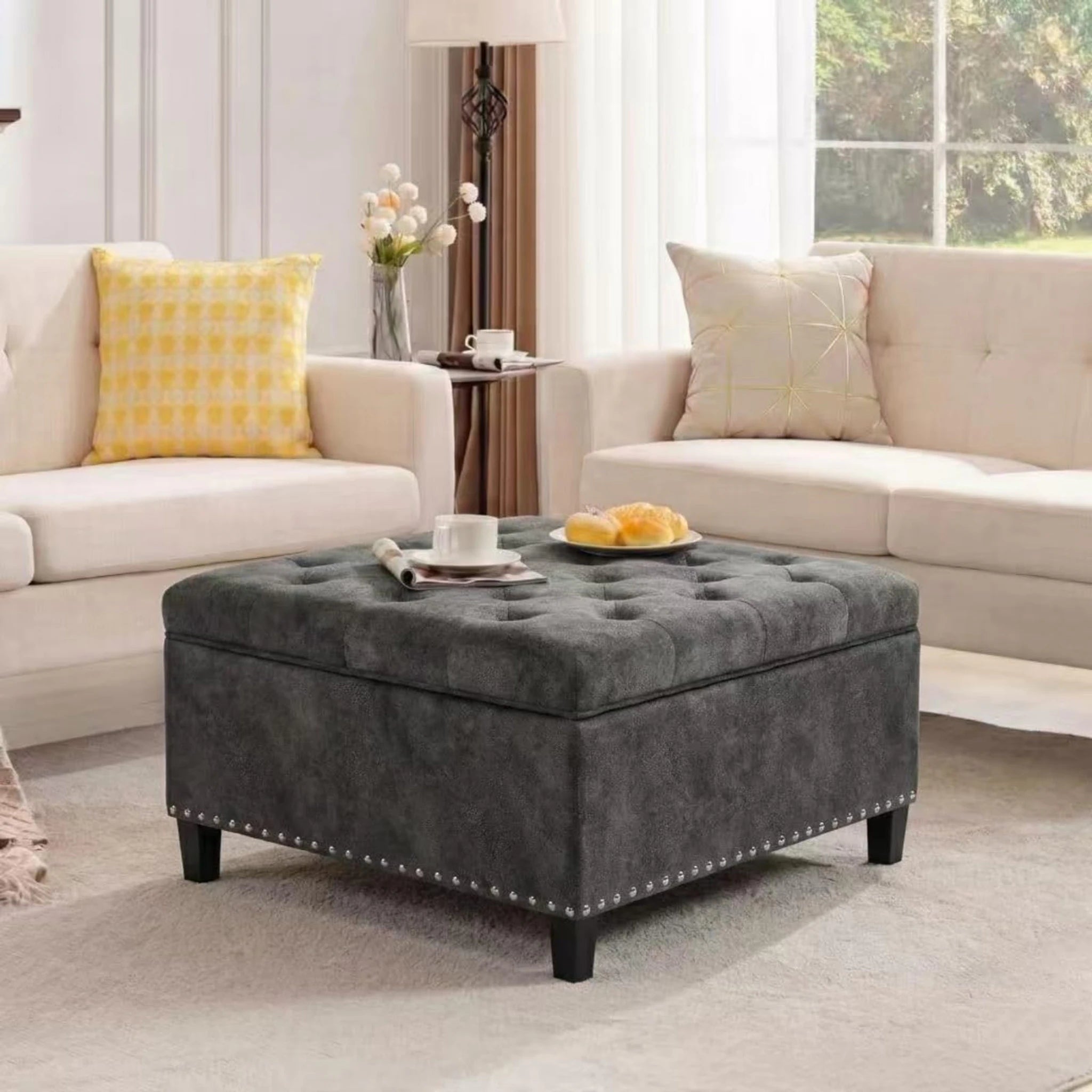Homebeez Grey Tufted Fabric Storage Ottoman – styled home scene