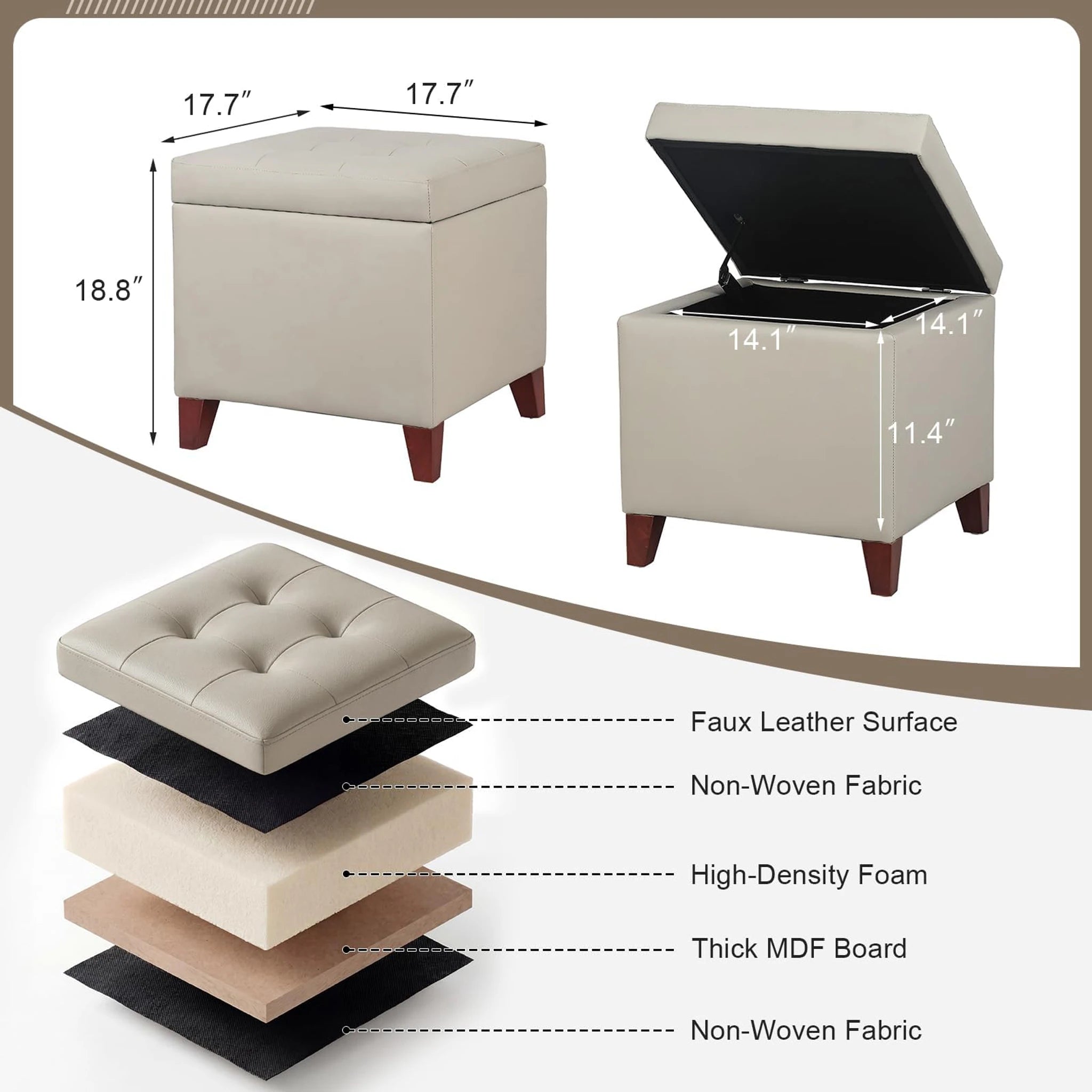 Homebeez Grey Tufted Faux Leather Storage Ottoman – dimensions chart
