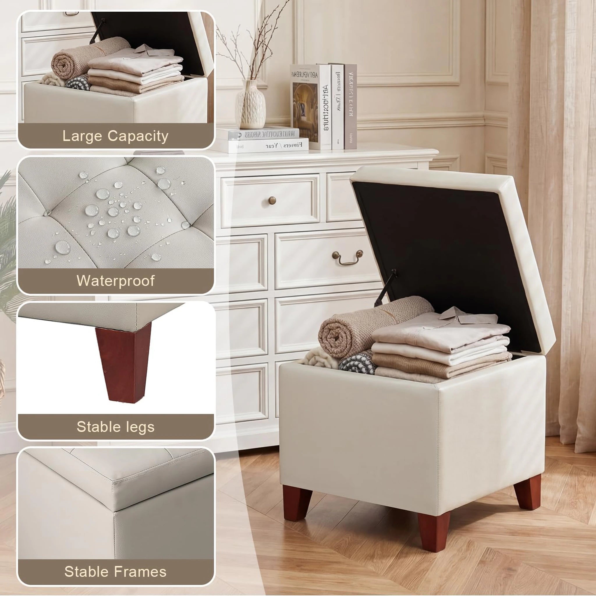 Homebeez Grey Tufted Faux Leather Storage Ottoman – detail and materials view