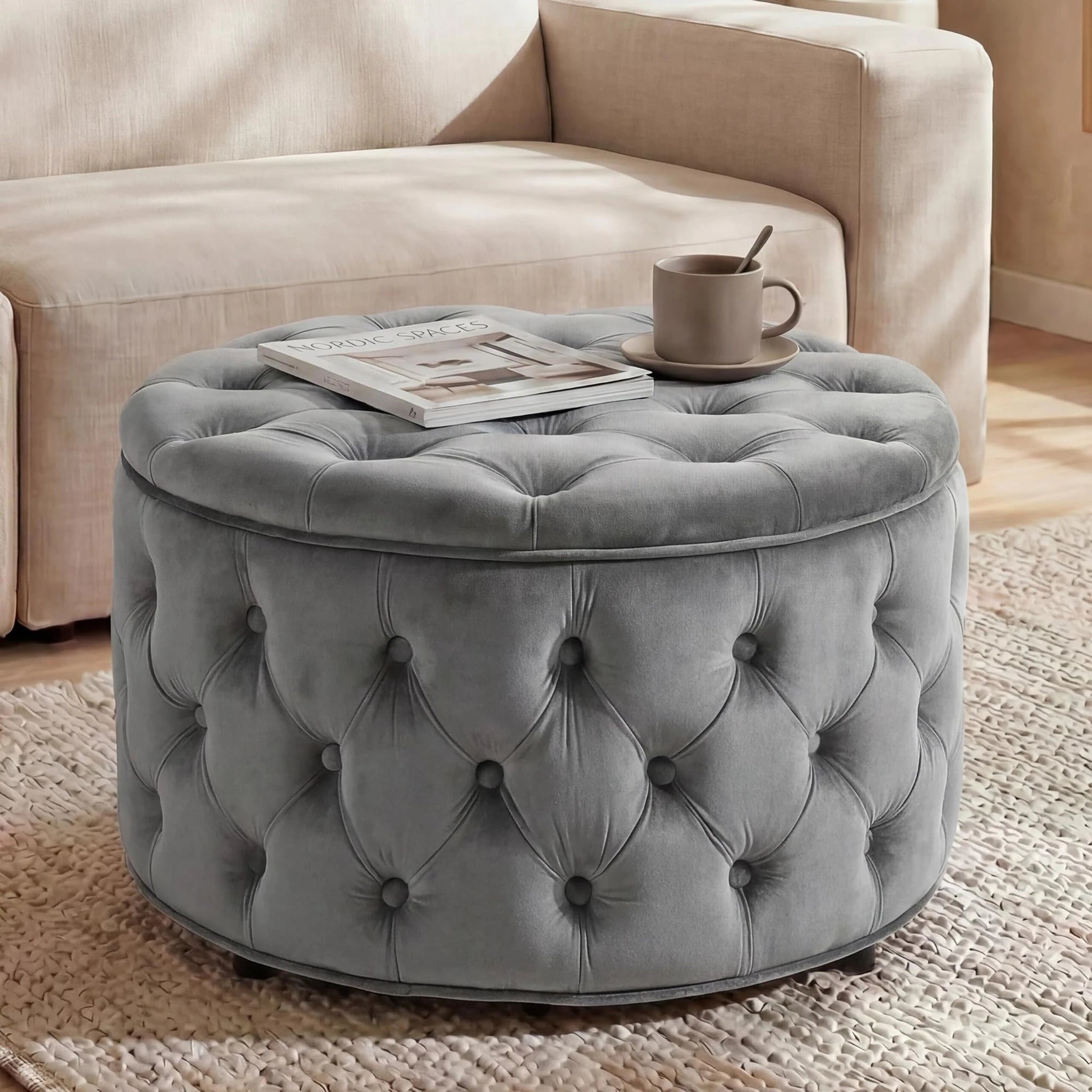 Homebeez Grey Tufted Velvet Round Storage Ottoman – styled home scene