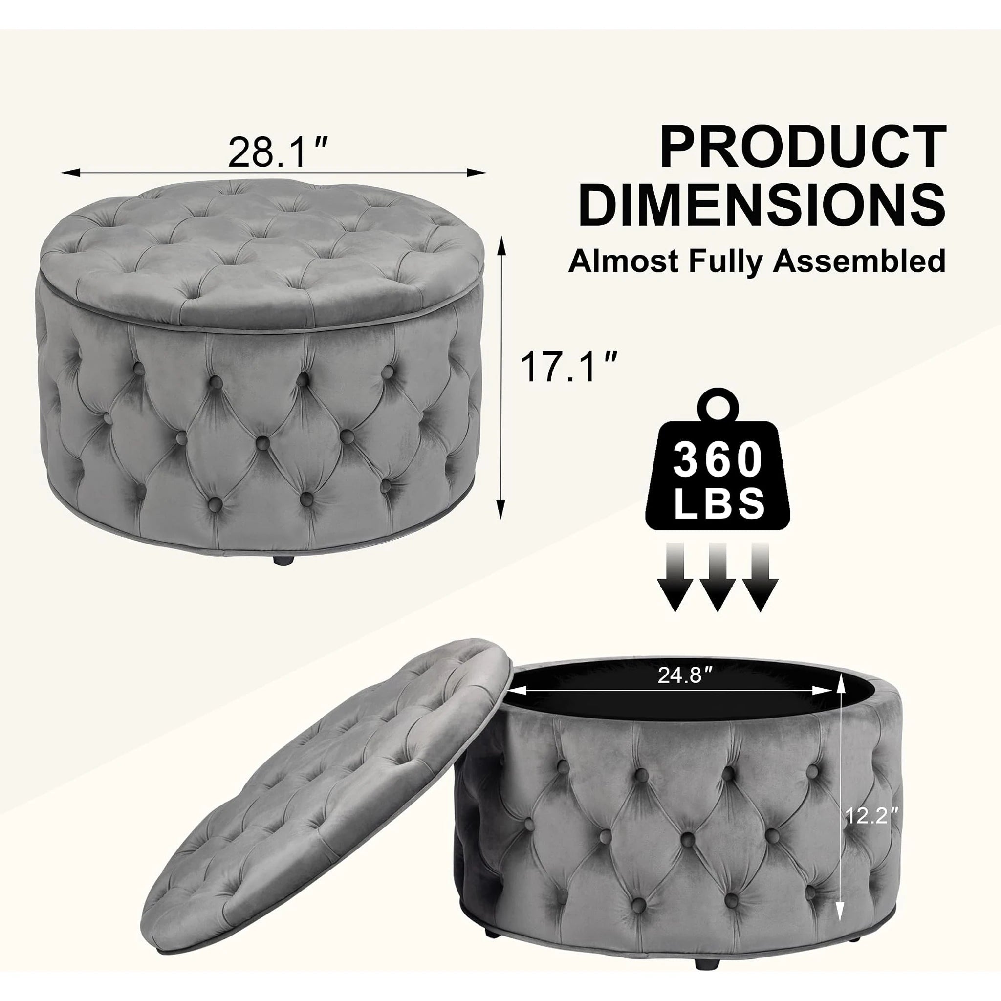 Homebeez Grey Tufted Velvet Round Storage Ottoman – dimensions chart
