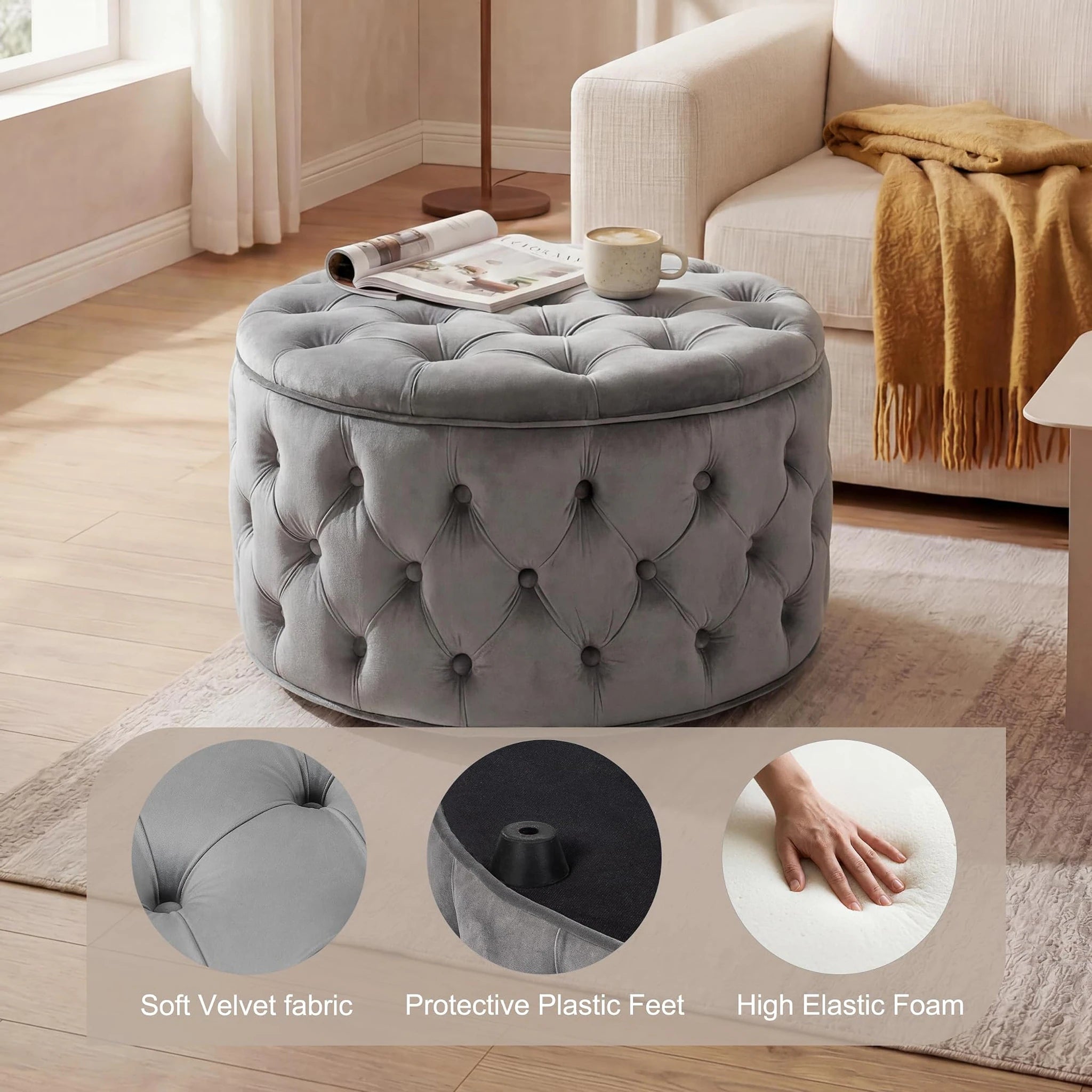 Homebeez Grey Tufted Velvet Round Storage Ottoman – detail and materials view