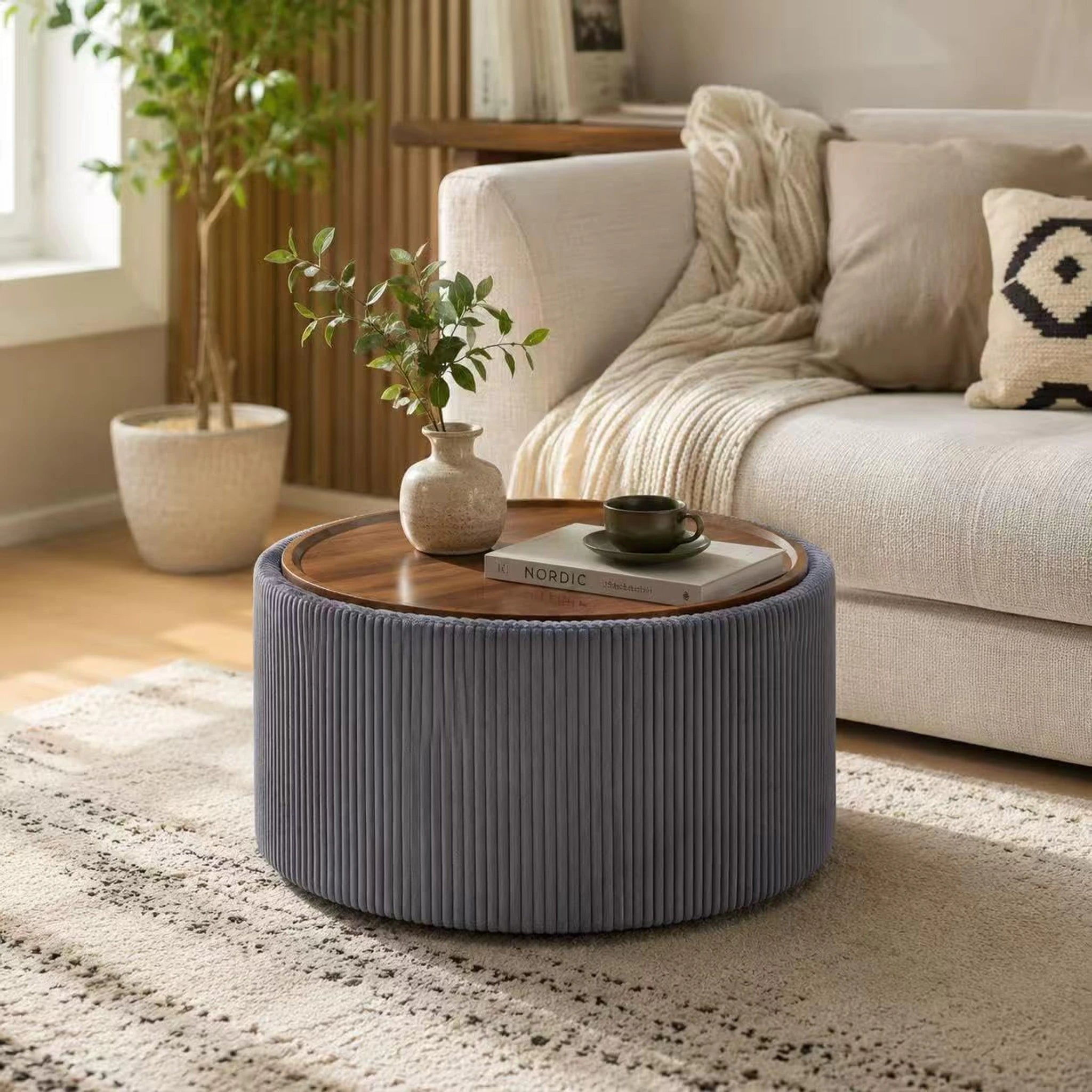 Homebeez Grey Velvet Round Storage Ottoman – styled home scene