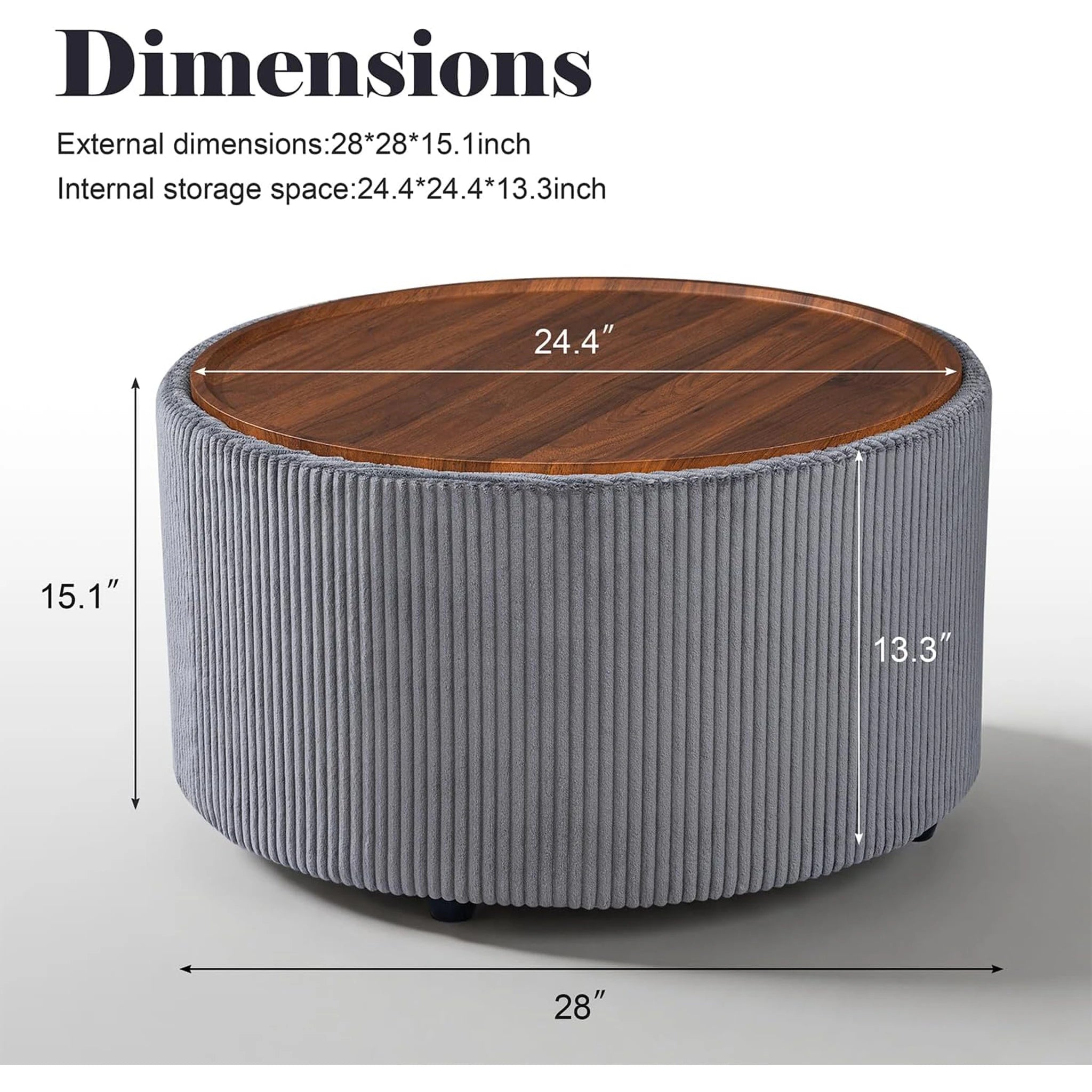 Homebeez Grey Velvet Round Storage Ottoman – dimensions chart