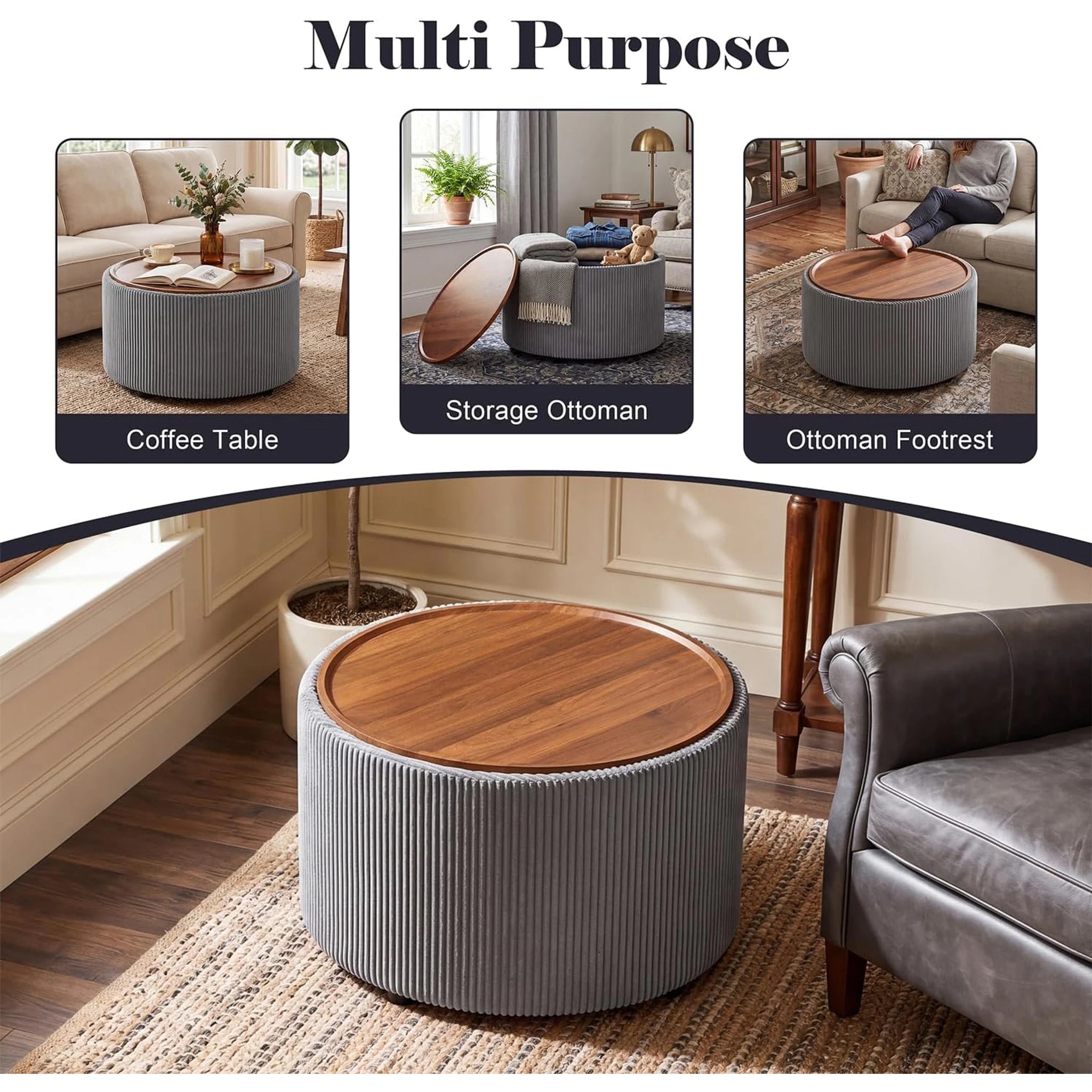 Homebeez Grey Velvet Round Storage Ottoman – detail and materials view
