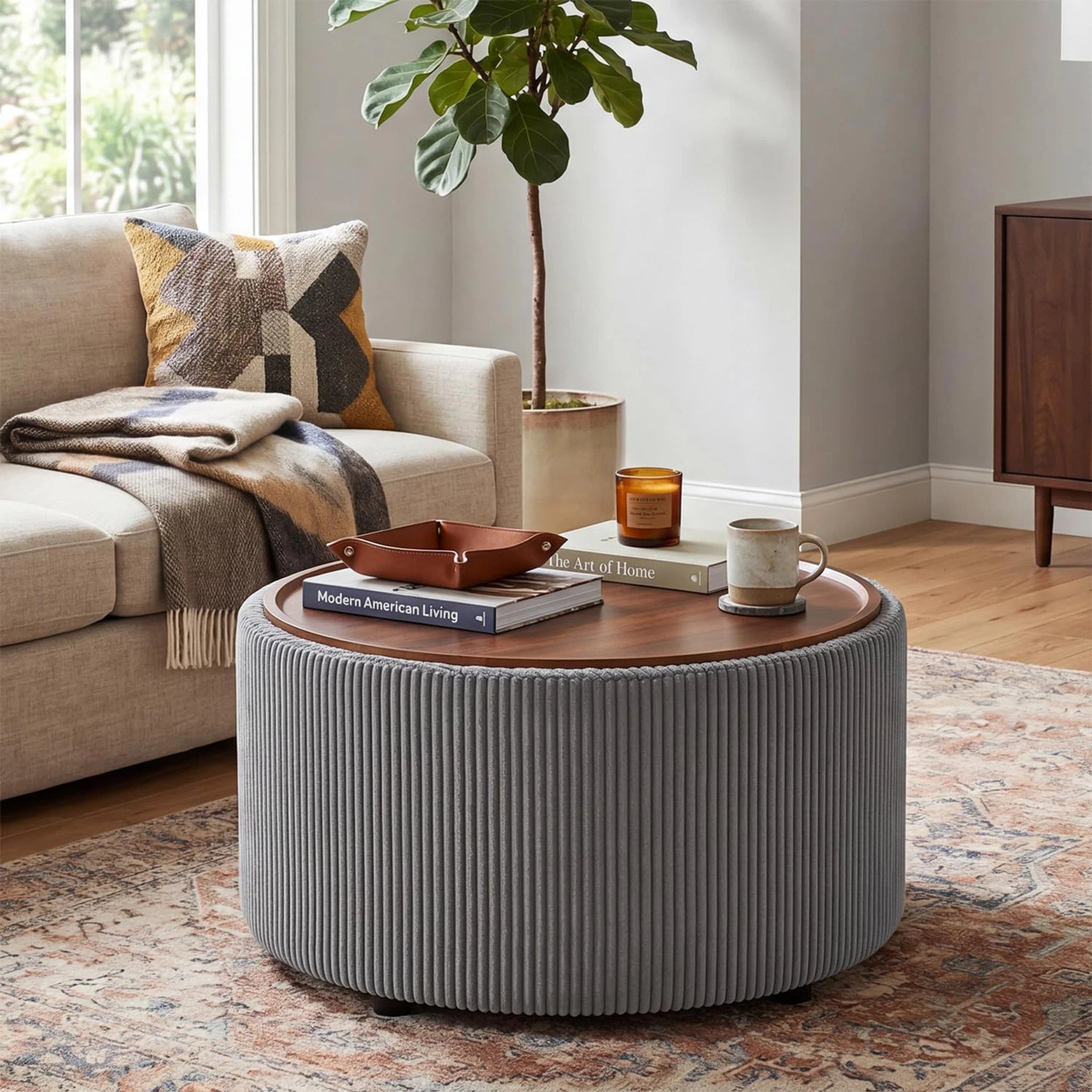 Homebeez Grey Velvet Round Storage Ottoman – lifestyle room view