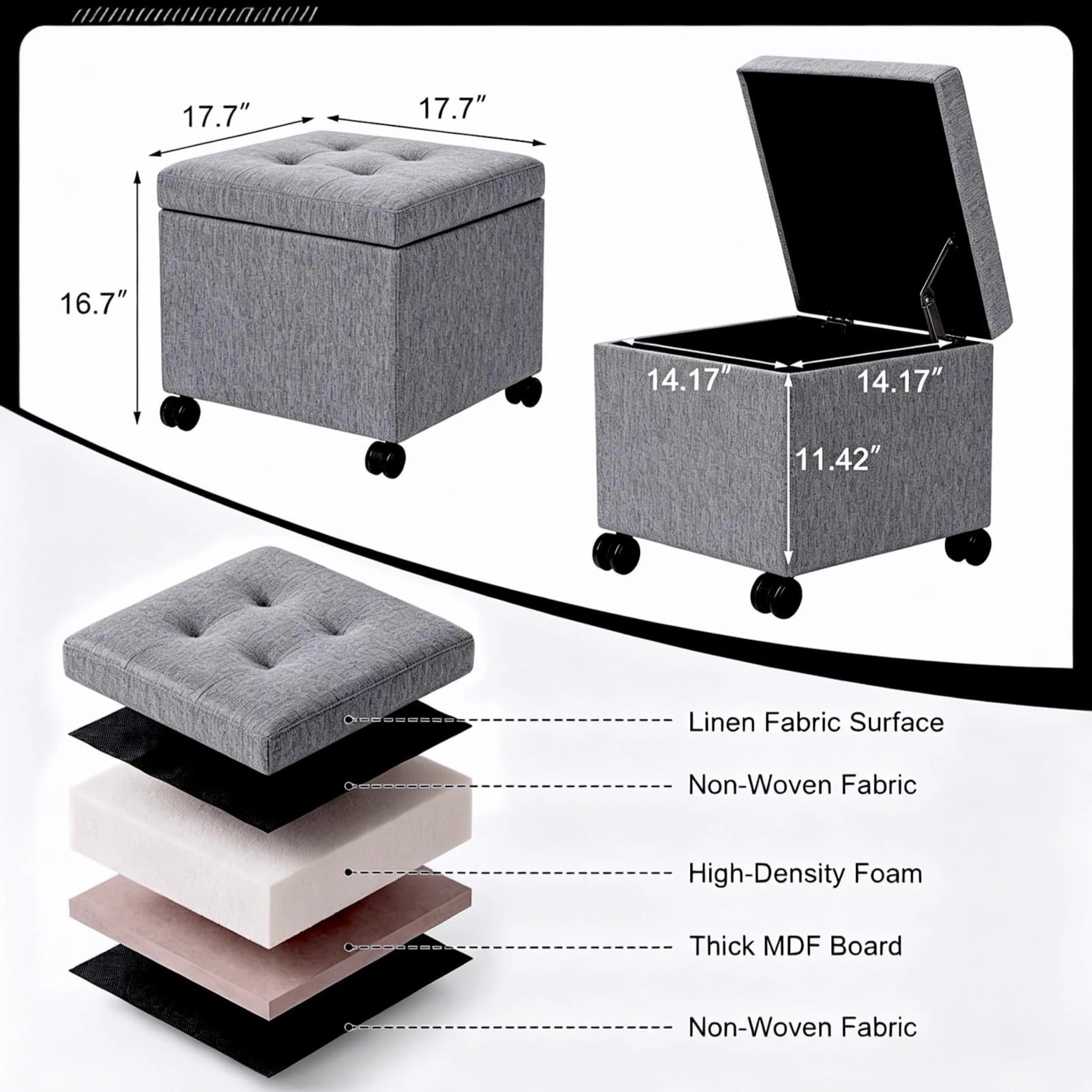 Homebeez Grey & Wheels Fabric Storage Ottoman – dimensions chart