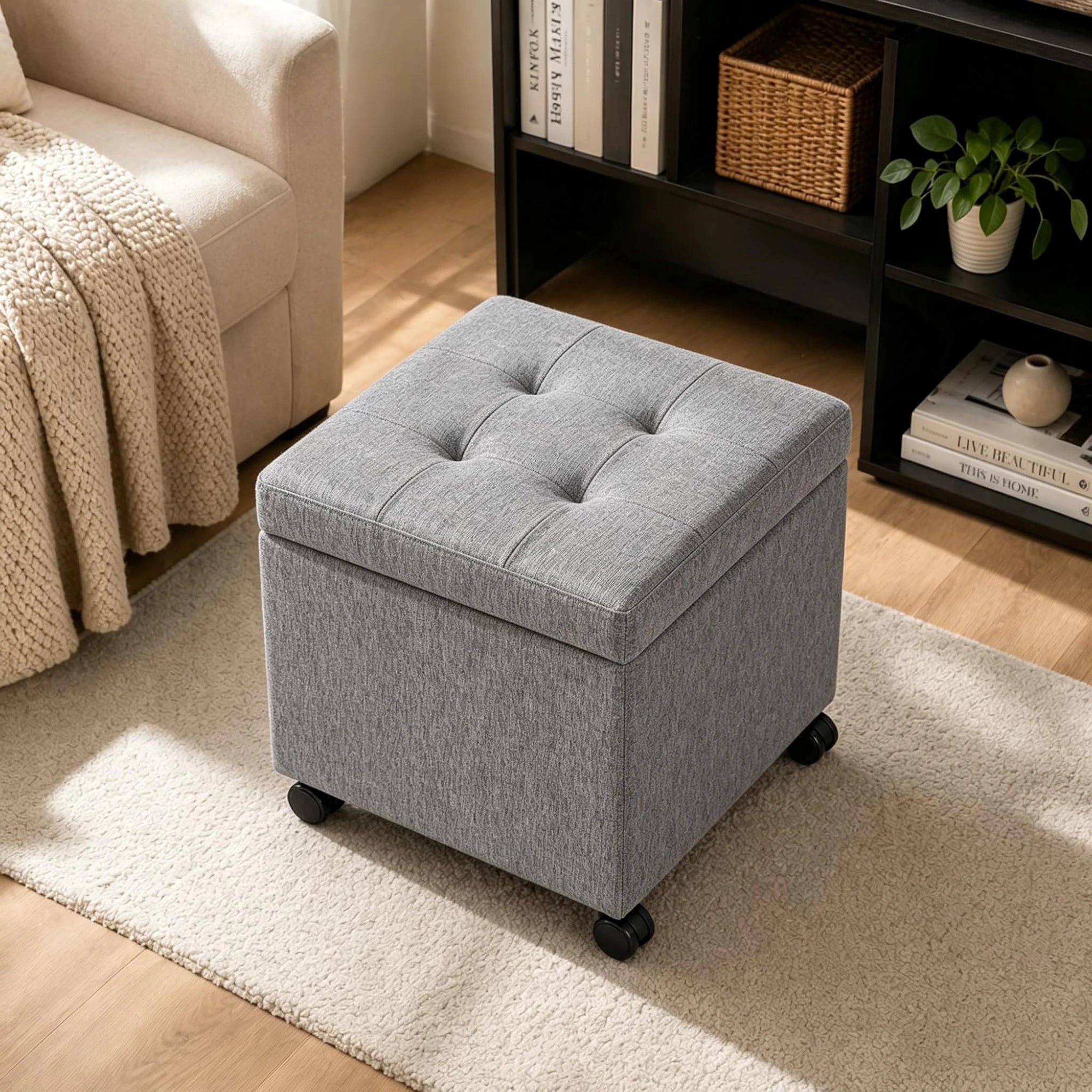 Homebeez Grey & Wheels Fabric Storage Ottoman – lifestyle room view