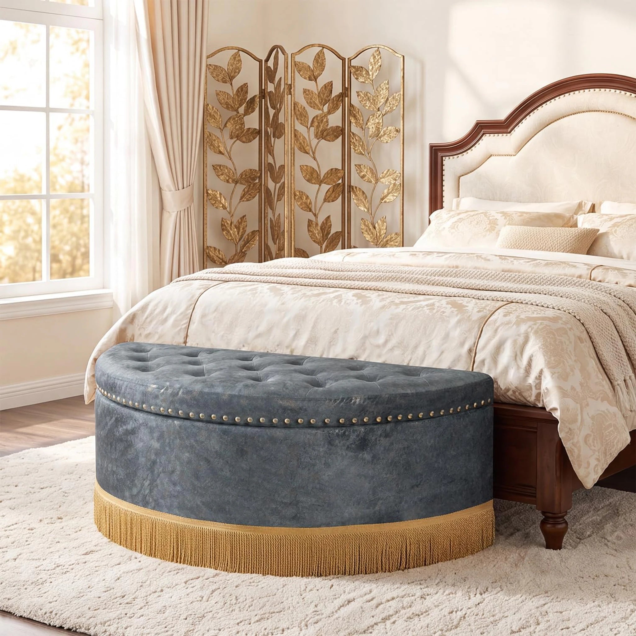 Homebeez Grey With Bullion Fringe Tufted Velvet Storage Ottoman Bench – styled home scene