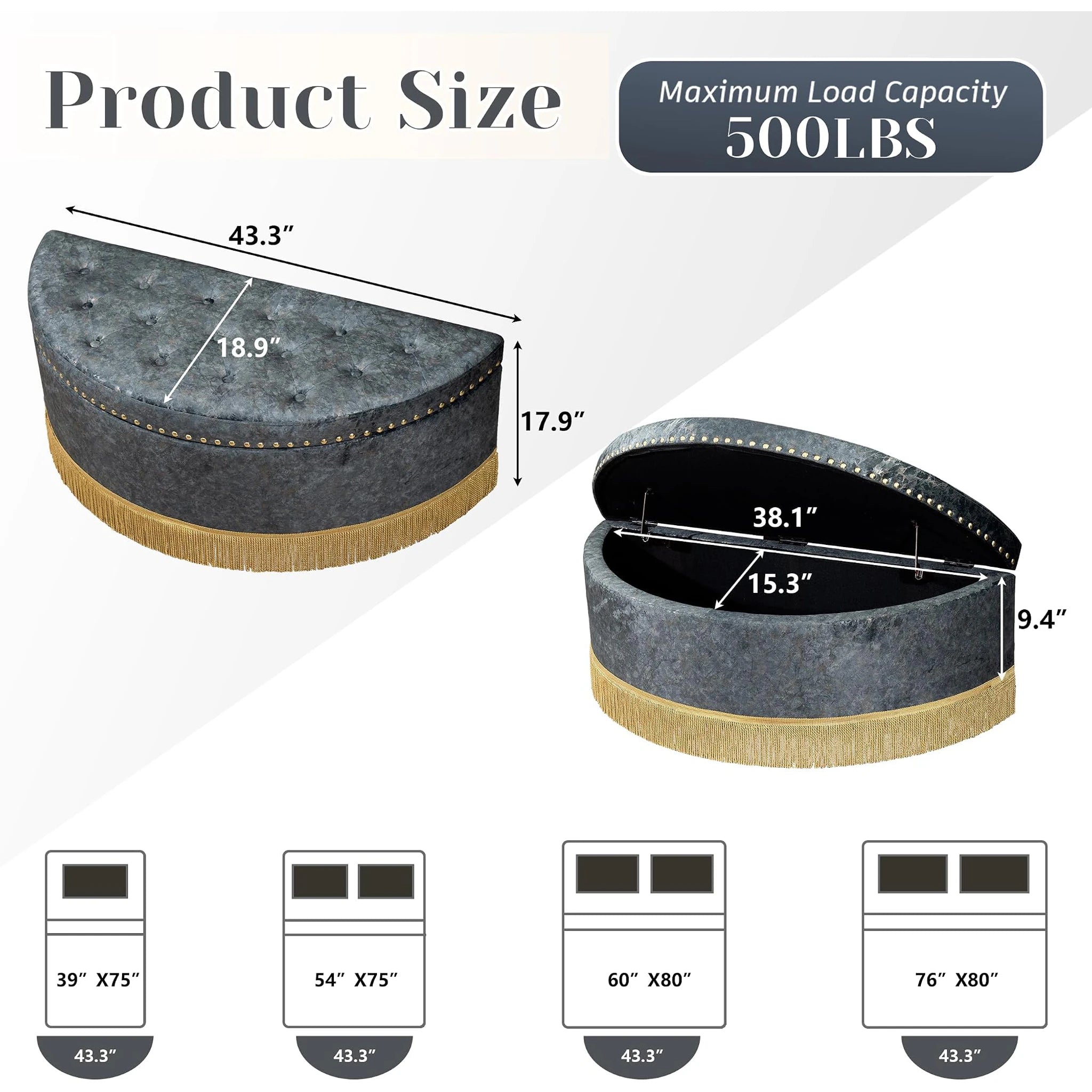 Homebeez Grey With Bullion Fringe Tufted Velvet Storage Ottoman Bench – dimensions chart