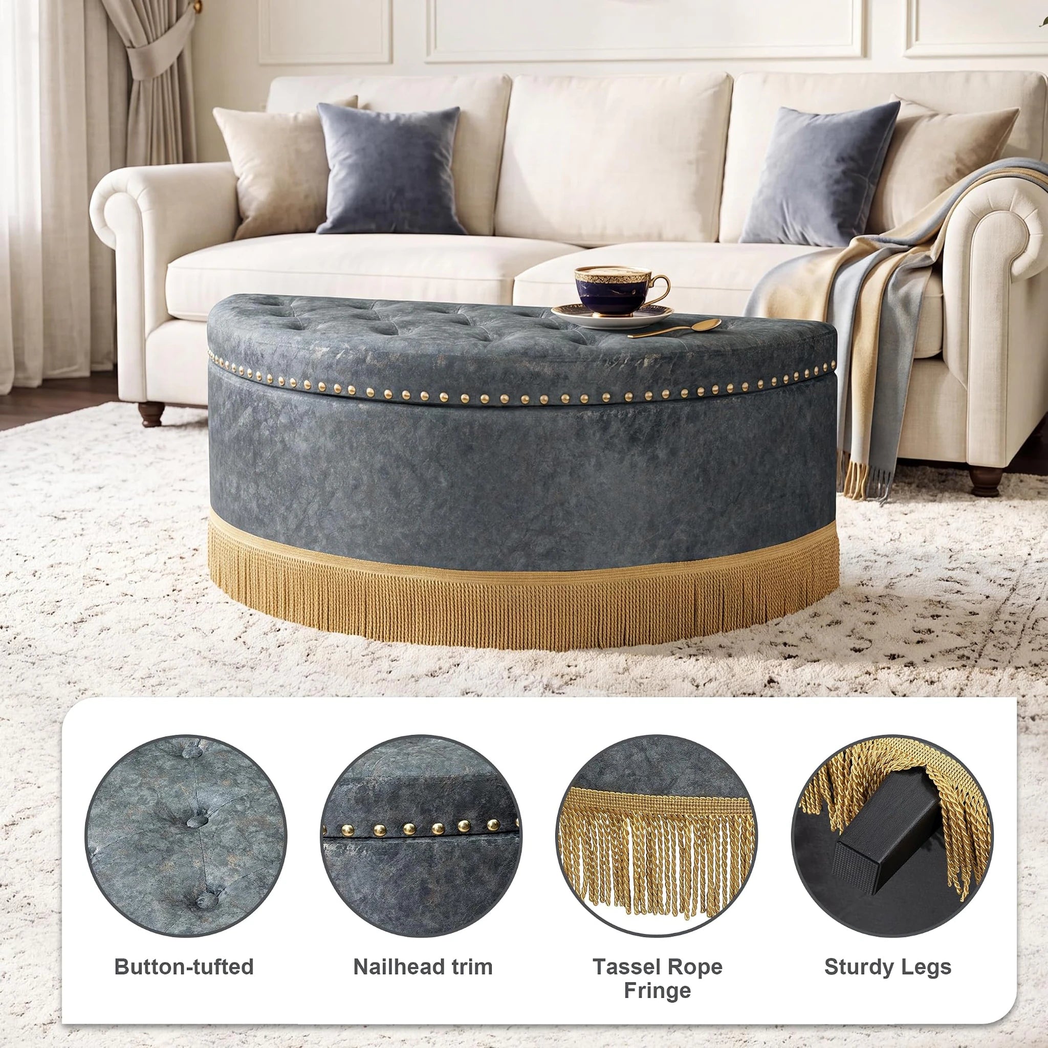 Homebeez Grey With Bullion Fringe Tufted Velvet Storage Ottoman Bench – detail and materials view