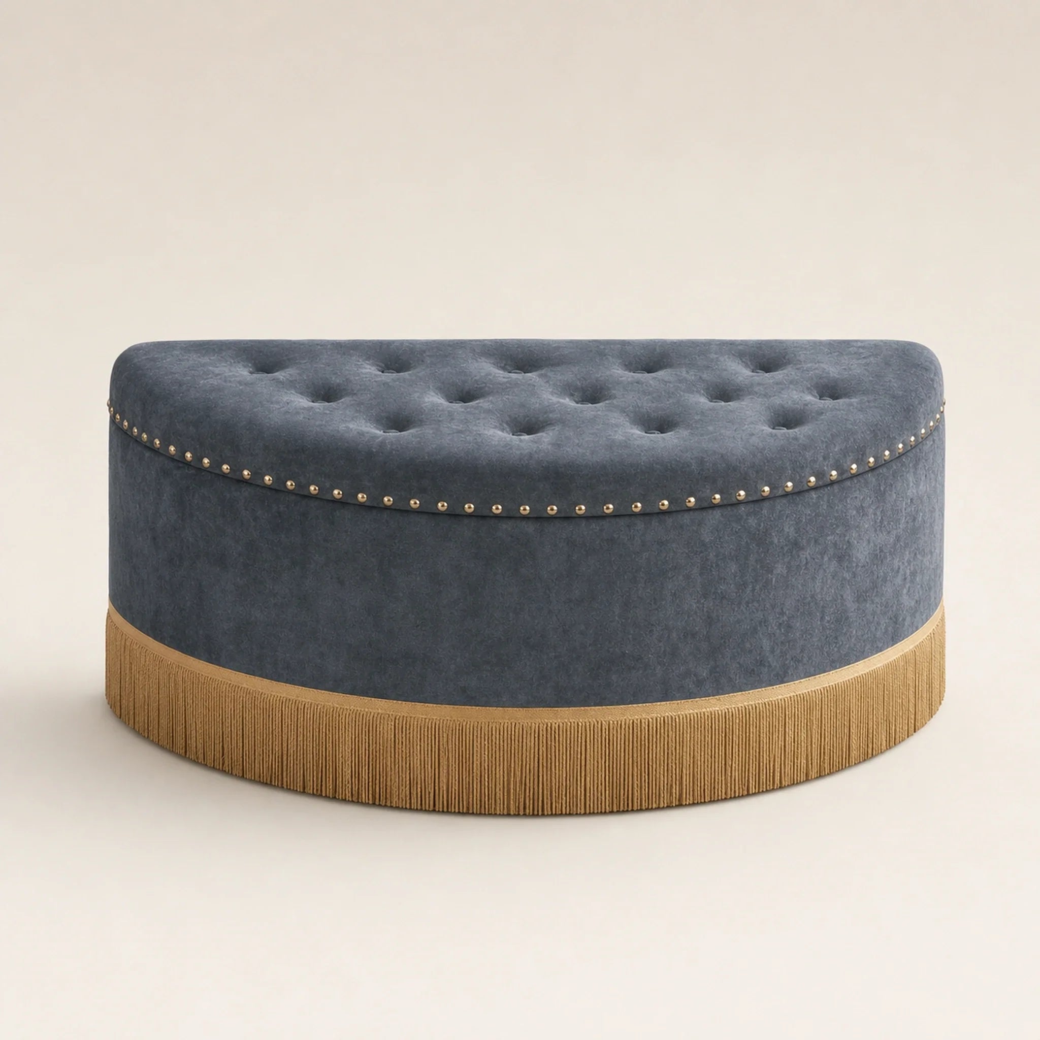 Homebeez Grey With Bullion Fringe storage ottoman – warm studio front view