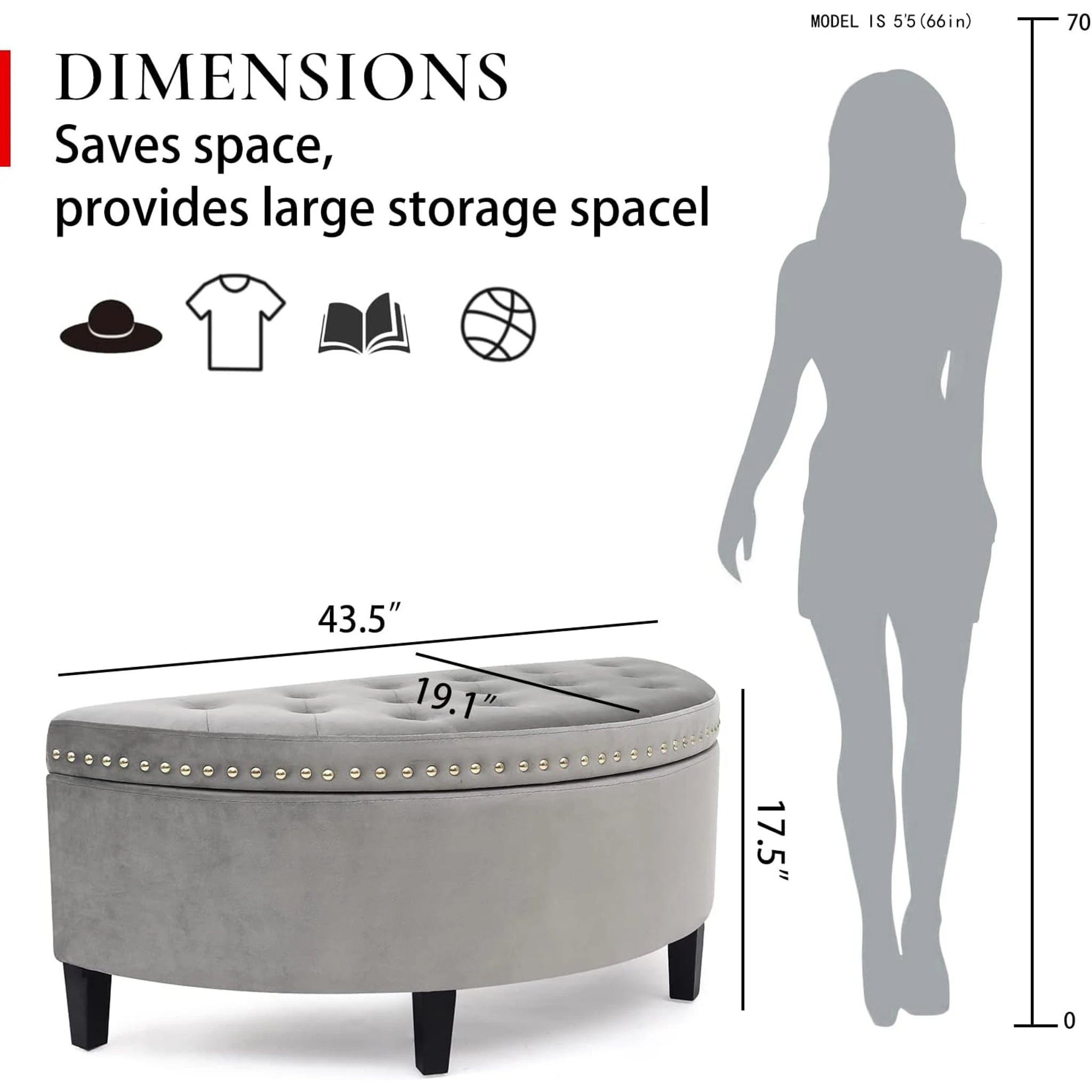 Homebeez Light Gray Lift-Top Tufted Faux Leather Storage Ottoman Bench – dimensions chart