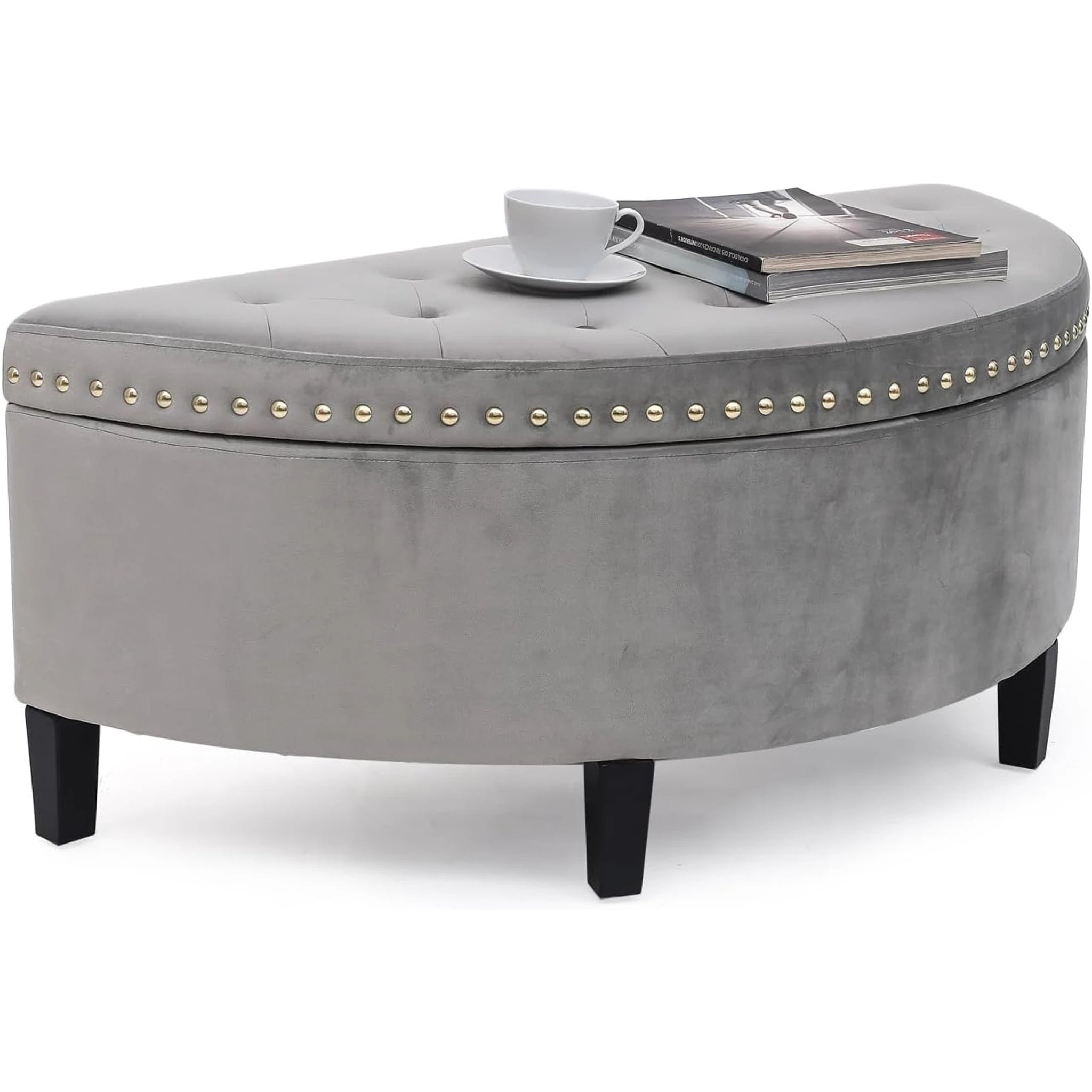 Homebeez Light Gray Lift-Top Tufted Faux Leather Storage Ottoman Bench – detail and materials view
