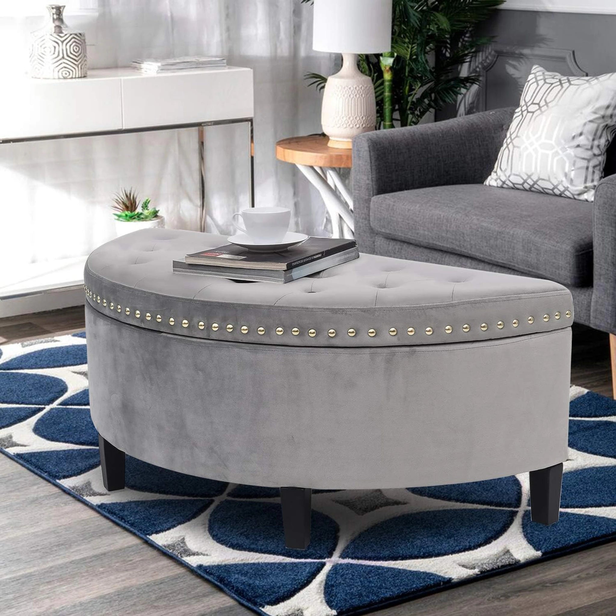 Homebeez Light Gray Lift-Top Tufted Faux Leather Storage Ottoman Bench – lifestyle room view