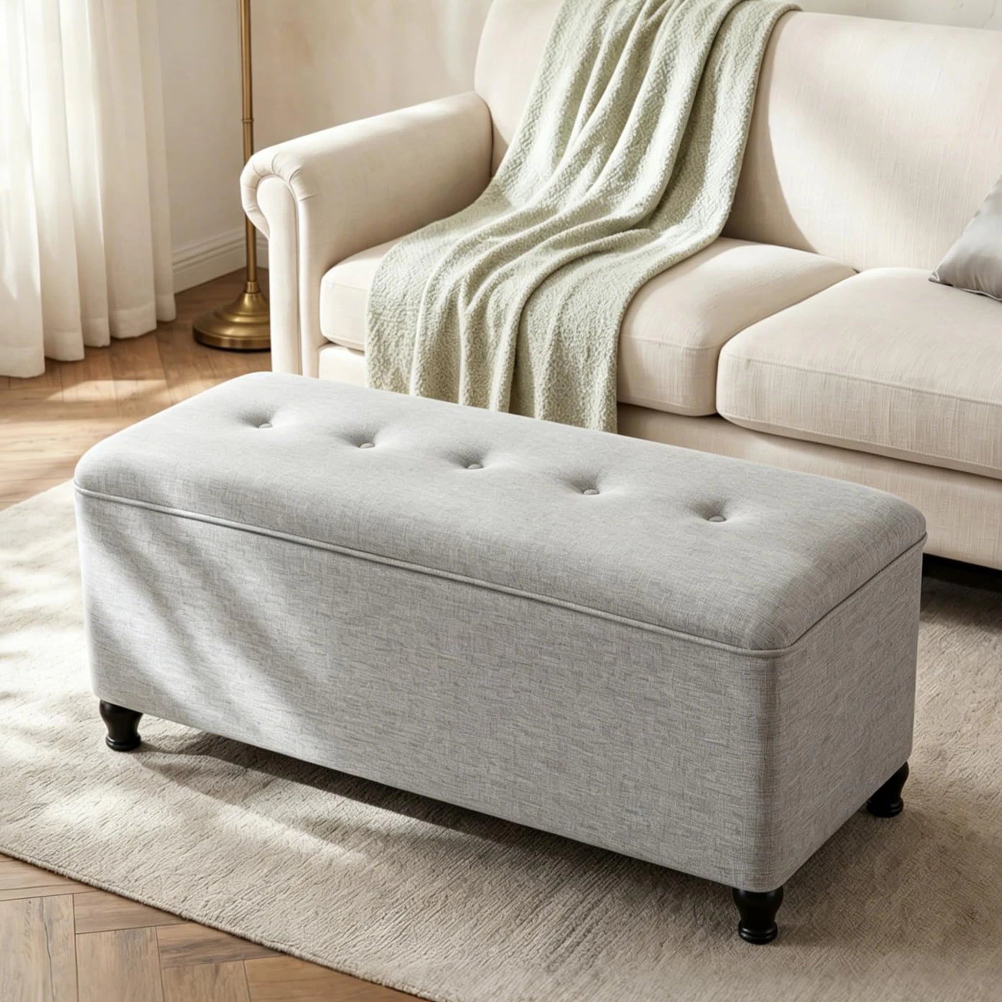 Homebeez Light Grey Tufted Storage Ottoman Bench – styled home scene
