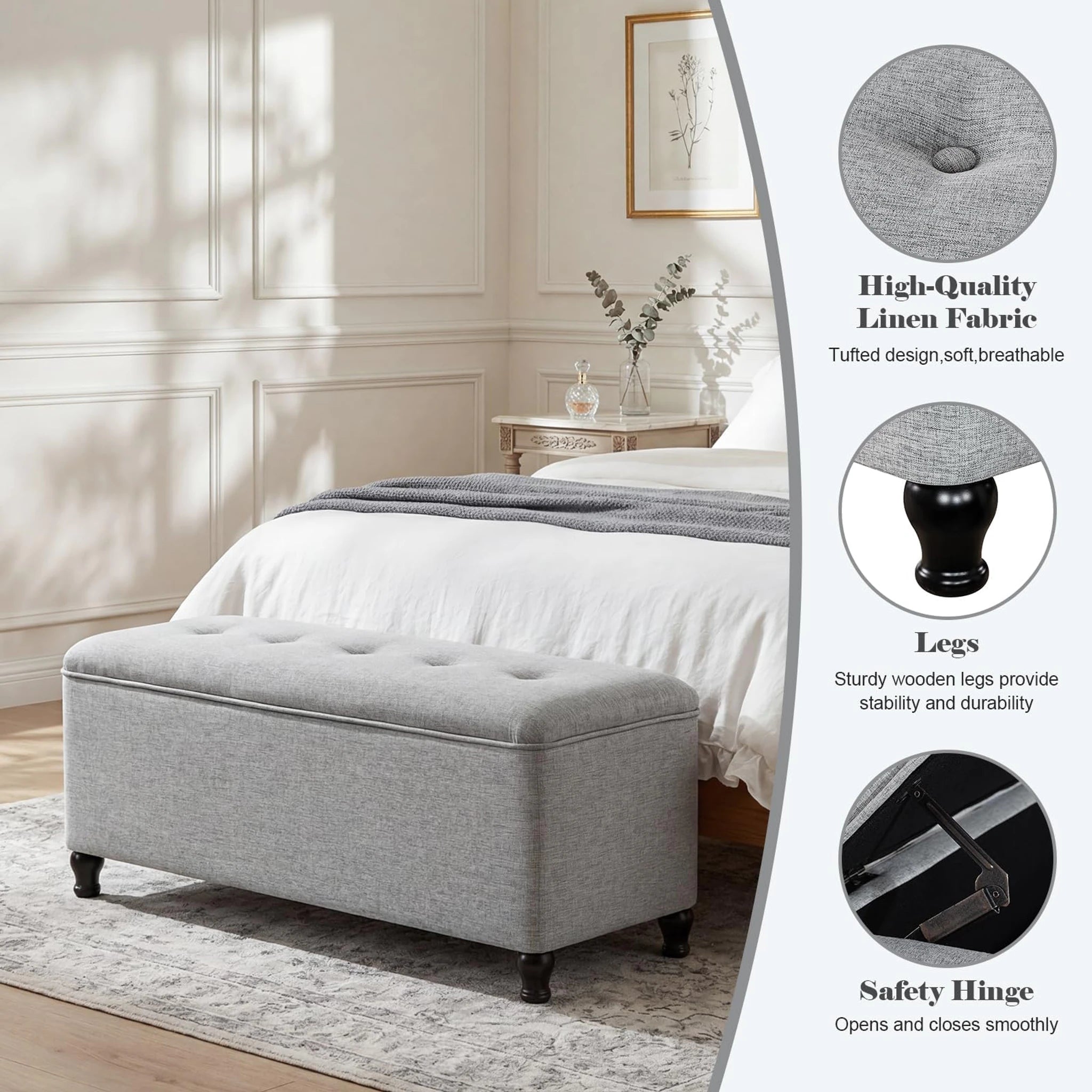 Homebeez Light Grey Tufted Storage Ottoman Bench – detail and materials view