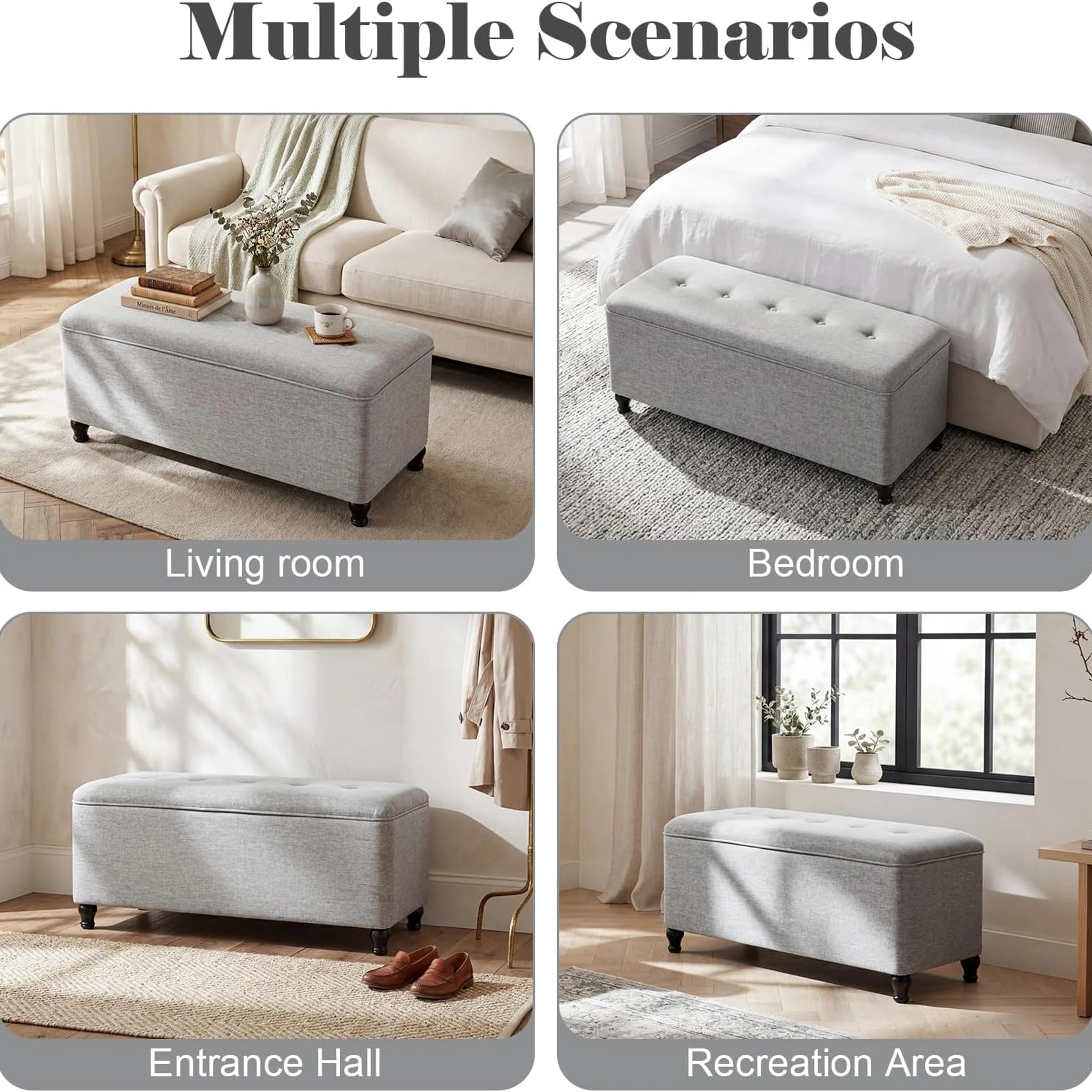 Homebeez Light Grey Tufted Storage Ottoman Bench – lifestyle room view