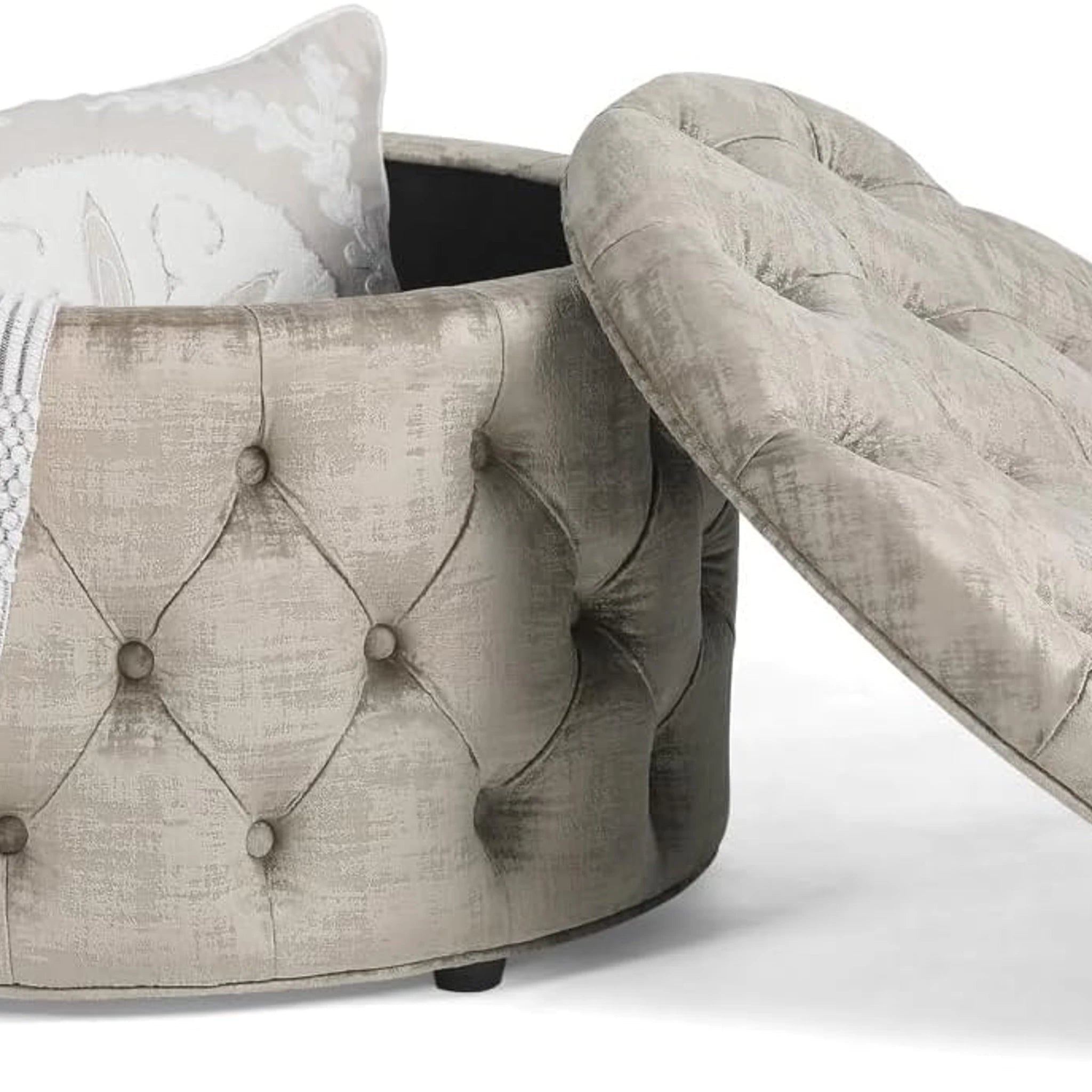 Homebeez Light Grey Tufted Velvet Round Storage Ottoman – styled home scene