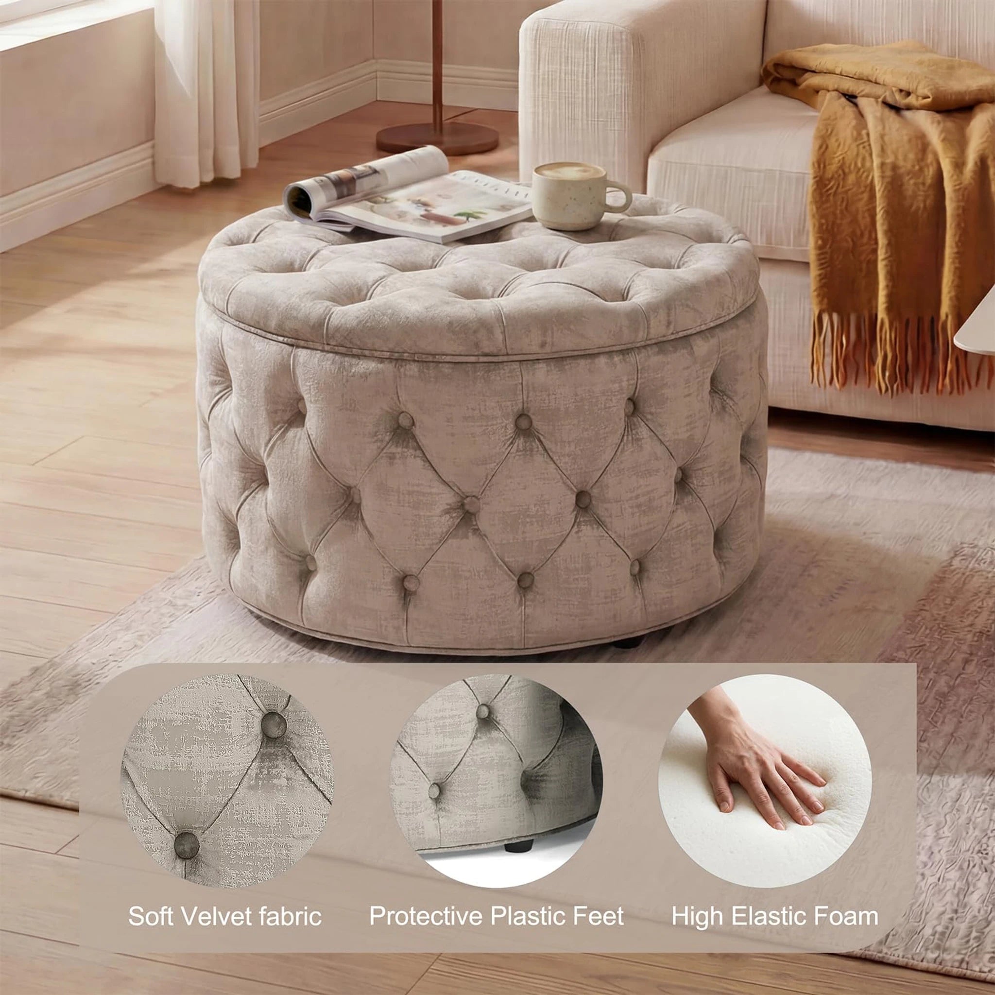 Homebeez Light Grey Tufted Velvet Round Storage Ottoman – detail and materials view