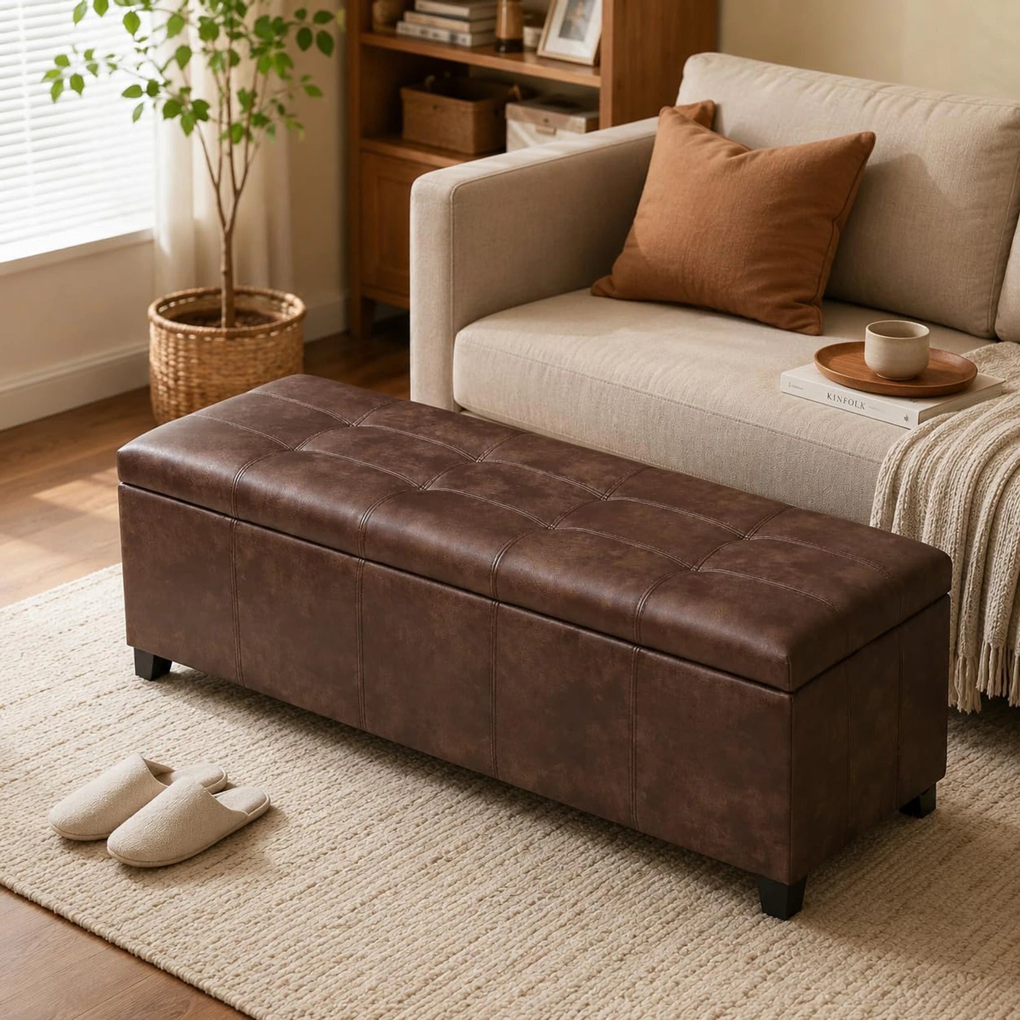 Homebeez Marbled Brown Tufted Faux Leather Storage Ottoman Bench – styled home scene