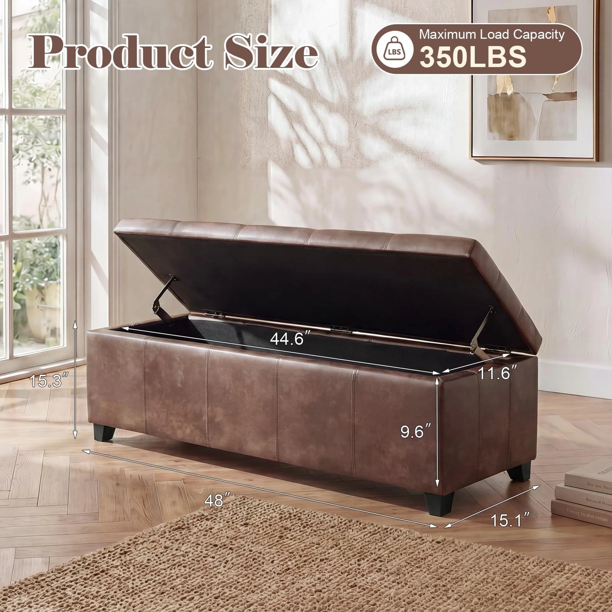 Homebeez Marbled Brown Tufted Faux Leather Storage Ottoman Bench – dimensions chart