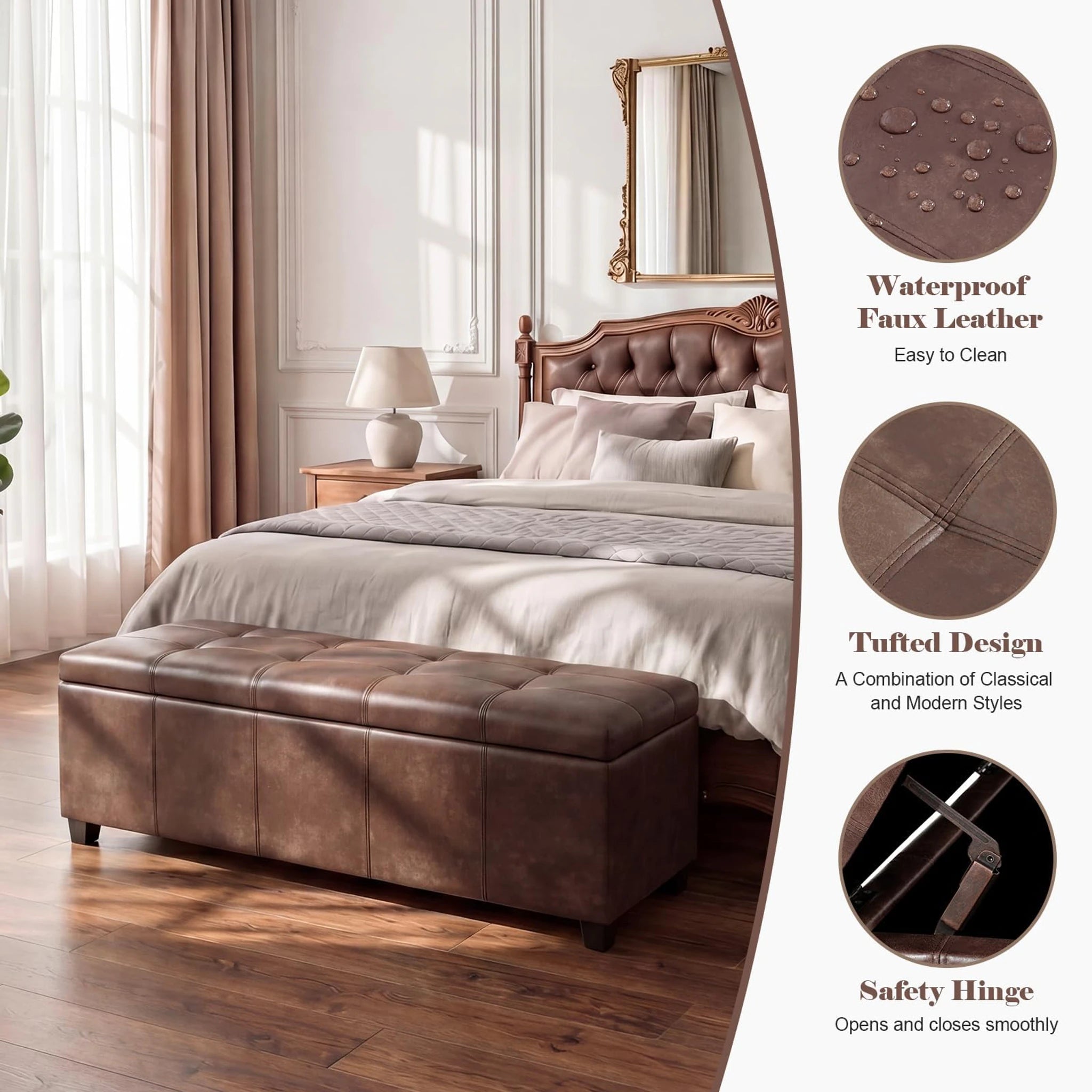 Homebeez Marbled Brown Tufted Faux Leather Storage Ottoman Bench – detail and materials view