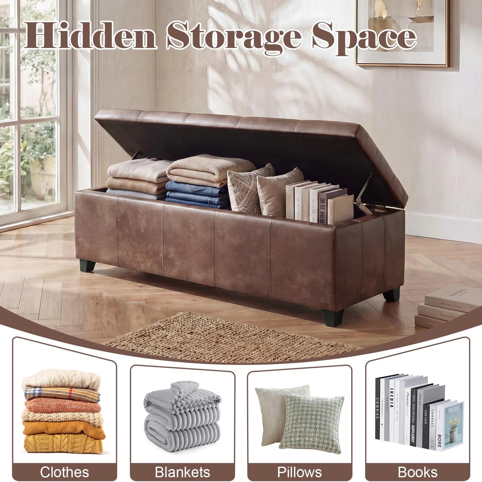 Homebeez Marbled Brown Tufted Faux Leather Storage Ottoman Bench – lifestyle room view