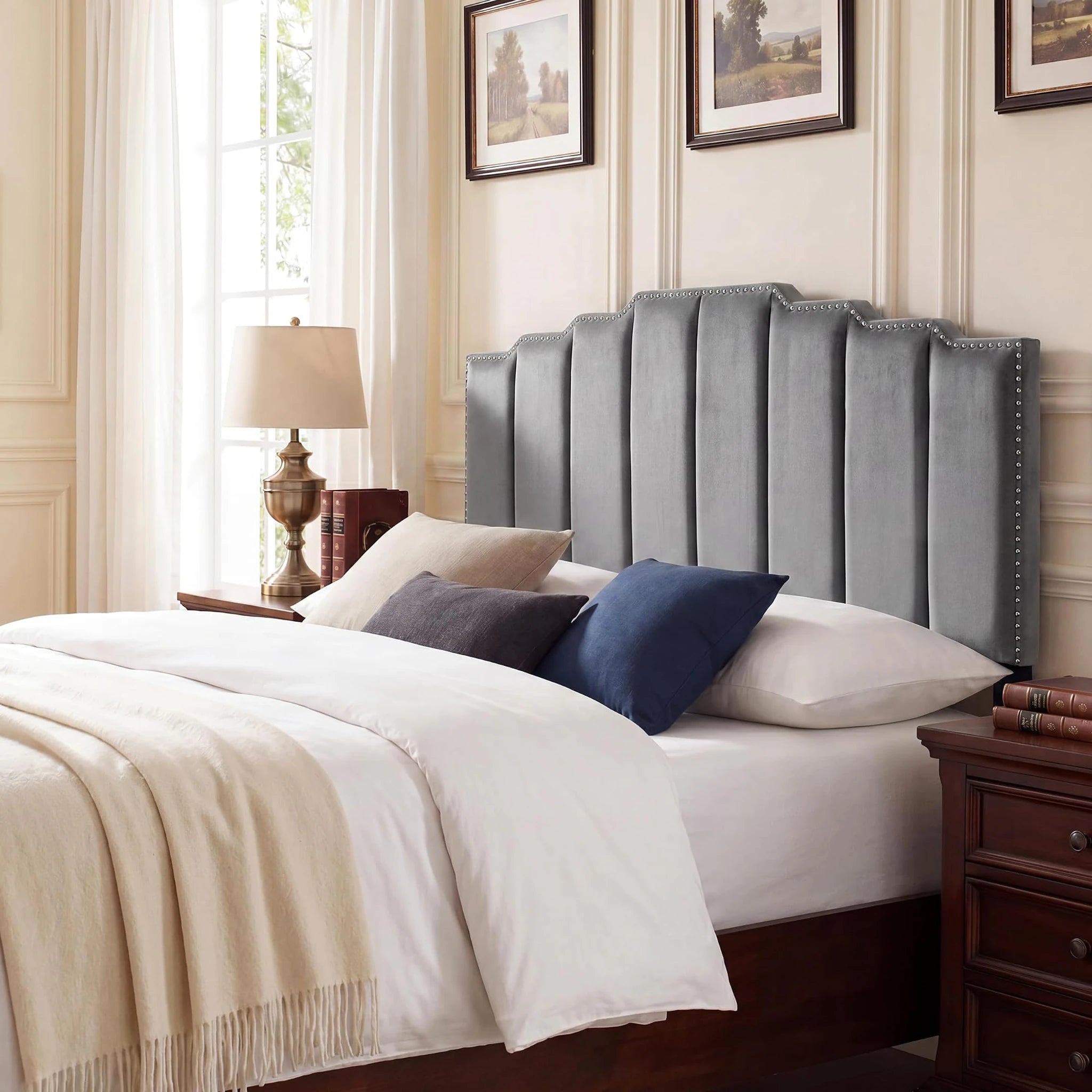 Homebeez Medium Grey King Tufted Velvet Headboard, Adjustable Height – styled home scene