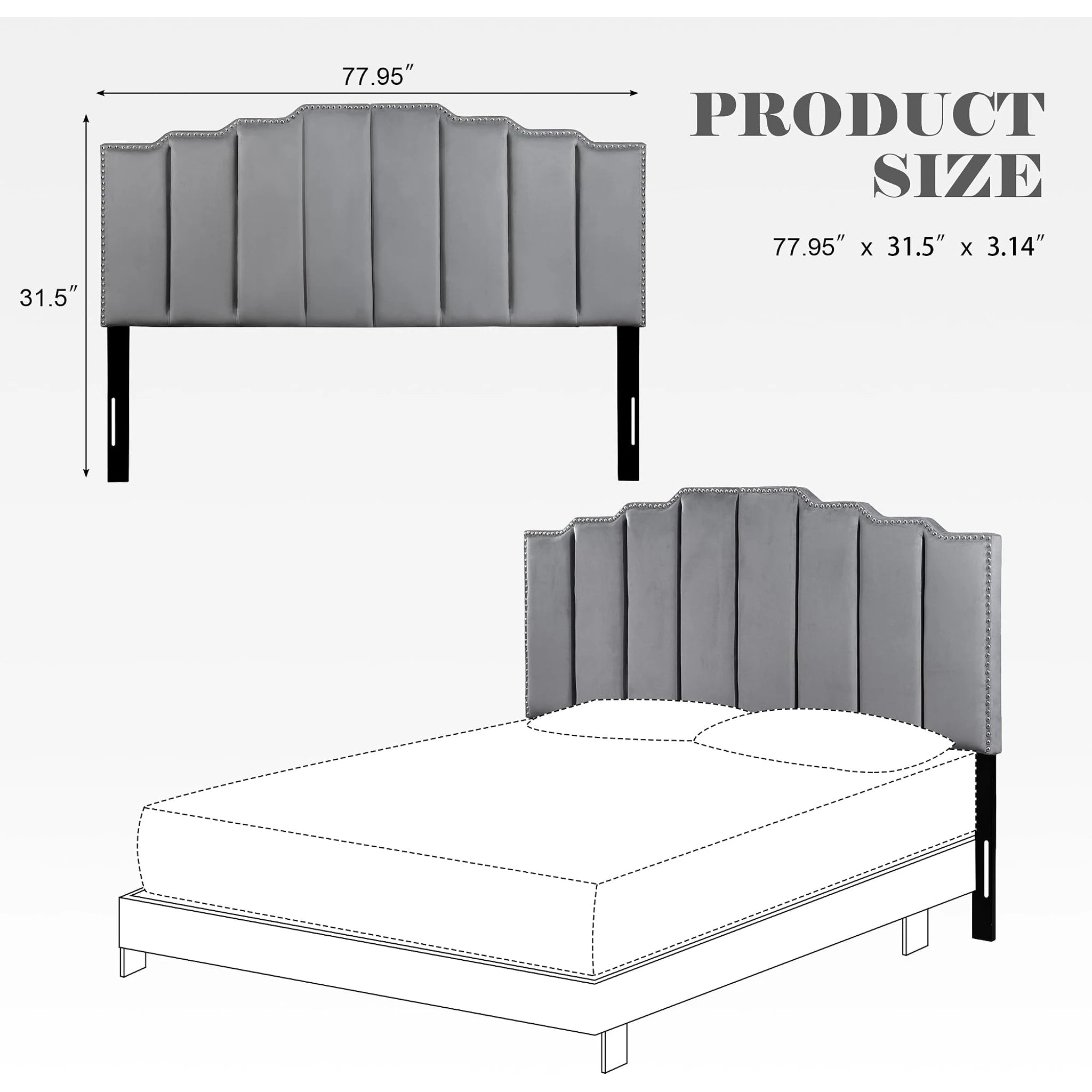Homebeez Medium Grey King Tufted Velvet Headboard, Adjustable Height – dimensions chart