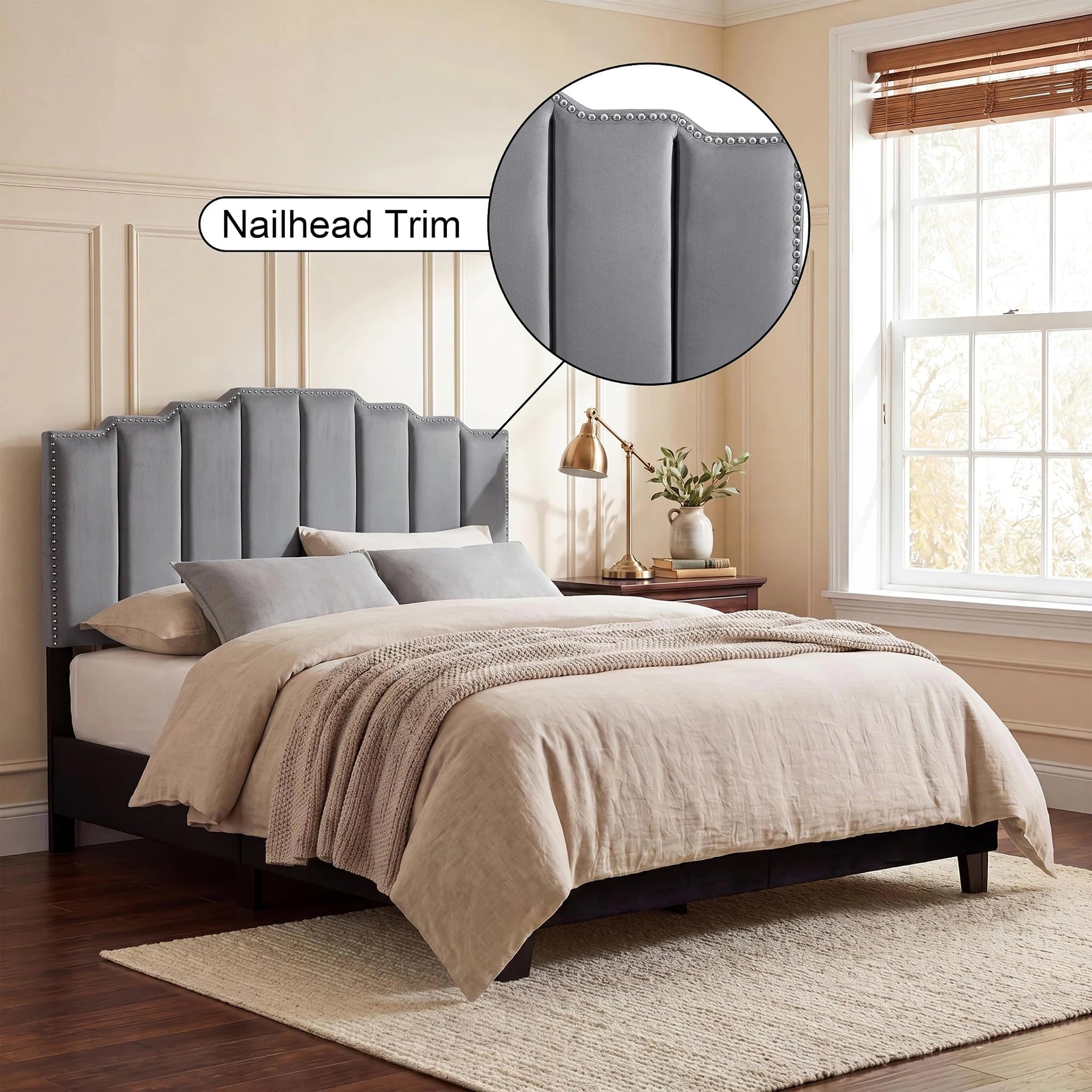 Homebeez Medium Grey King Tufted Velvet Headboard, Adjustable Height – detail and materials view