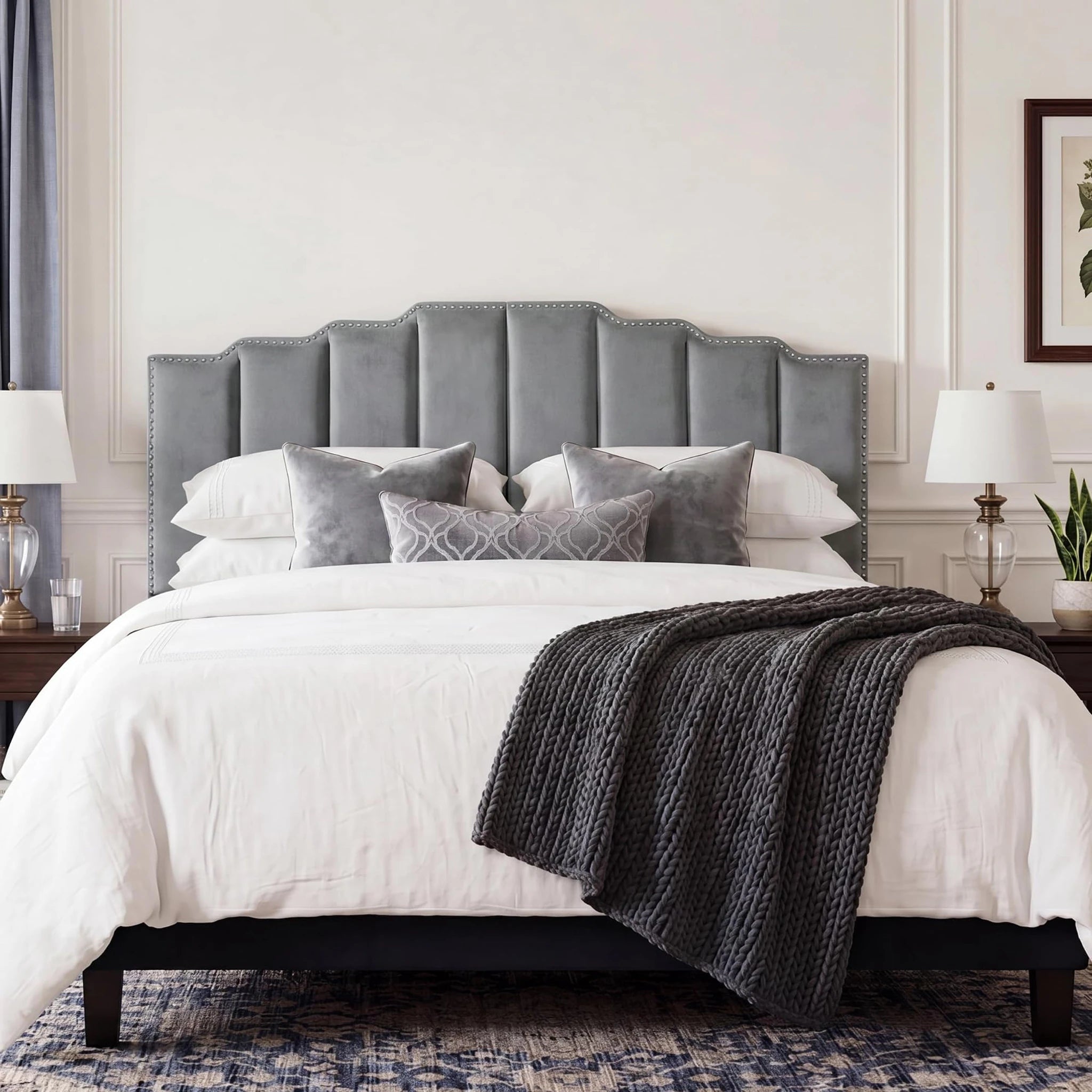 Homebeez Medium Grey King Tufted Velvet Headboard, Adjustable Height – lifestyle room view