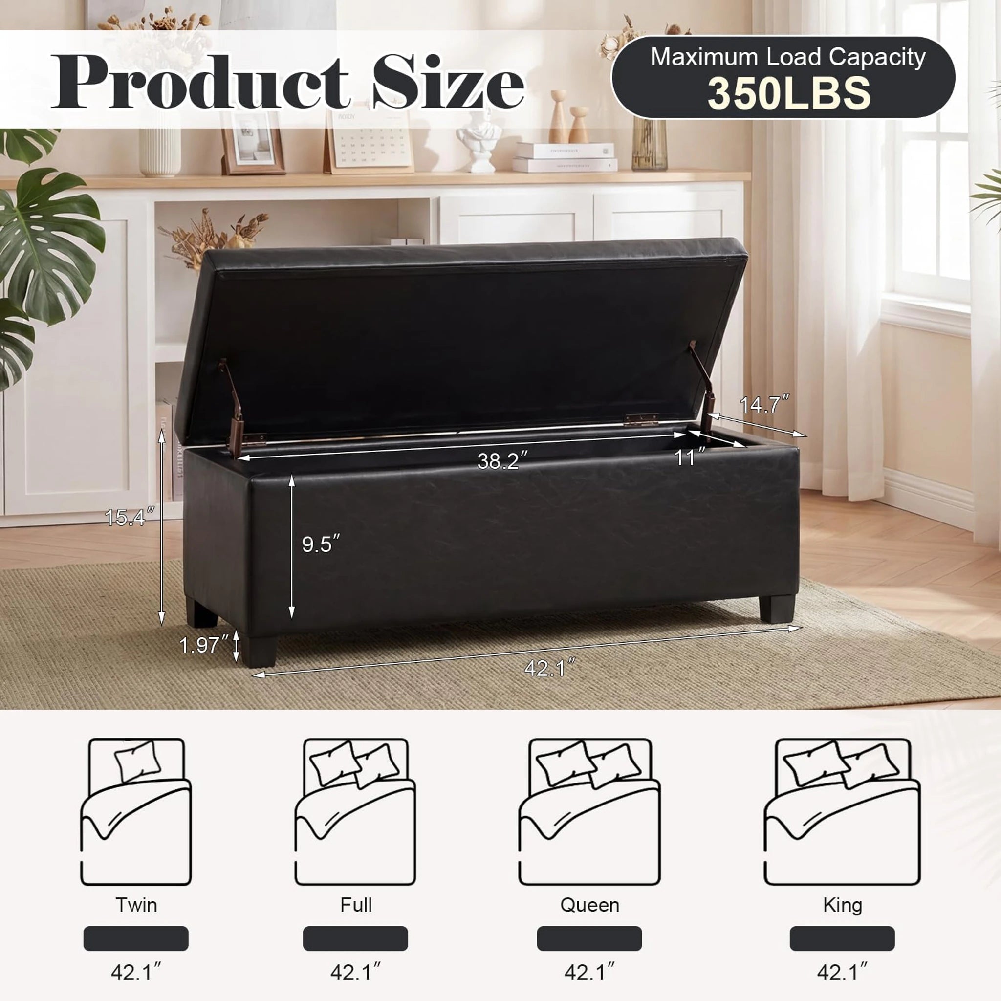 Homebeez Midnight Black Faux Leather Storage Ottoman Bench – dimensions chart
