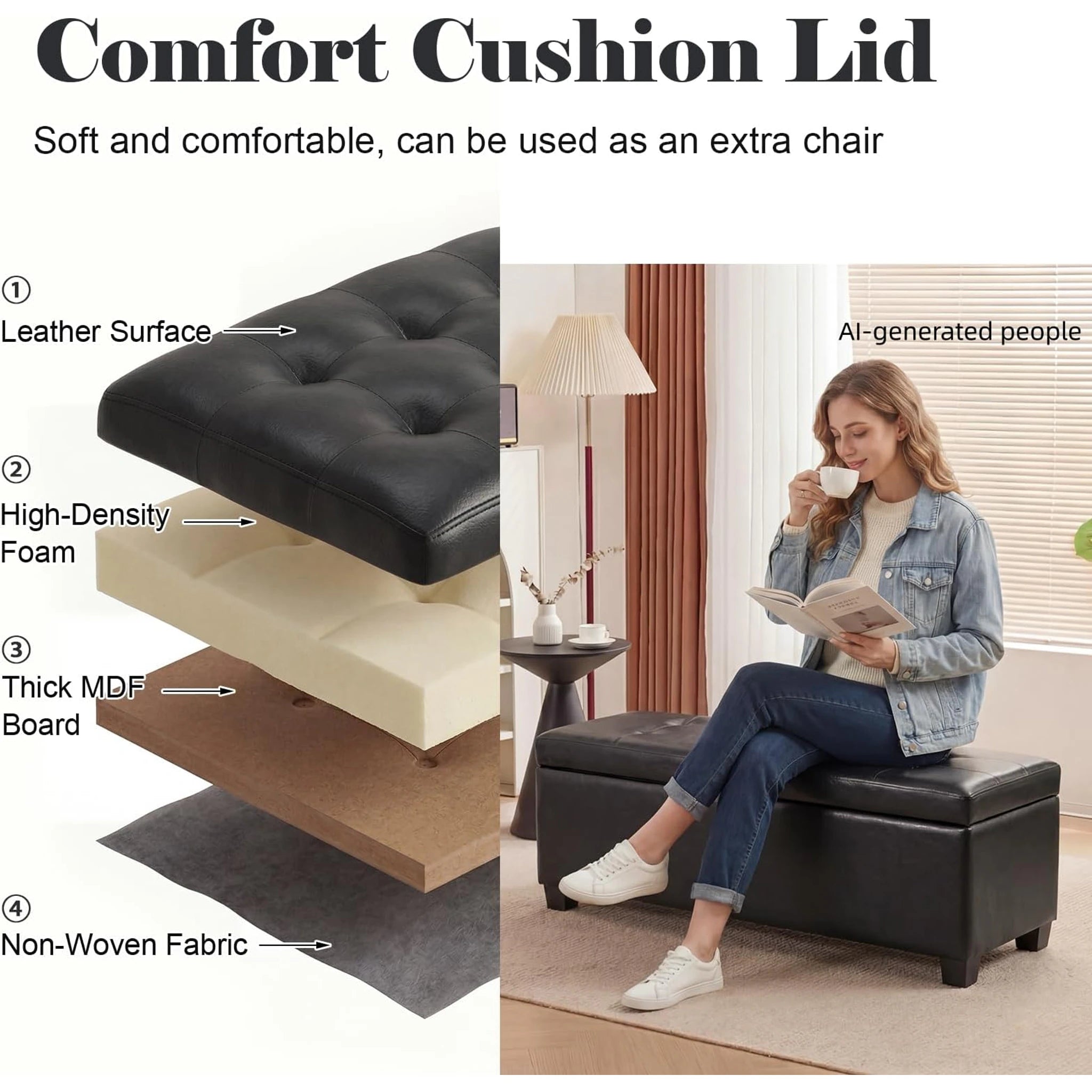 Homebeez Midnight Black Faux Leather Storage Ottoman Bench – detail and materials view
