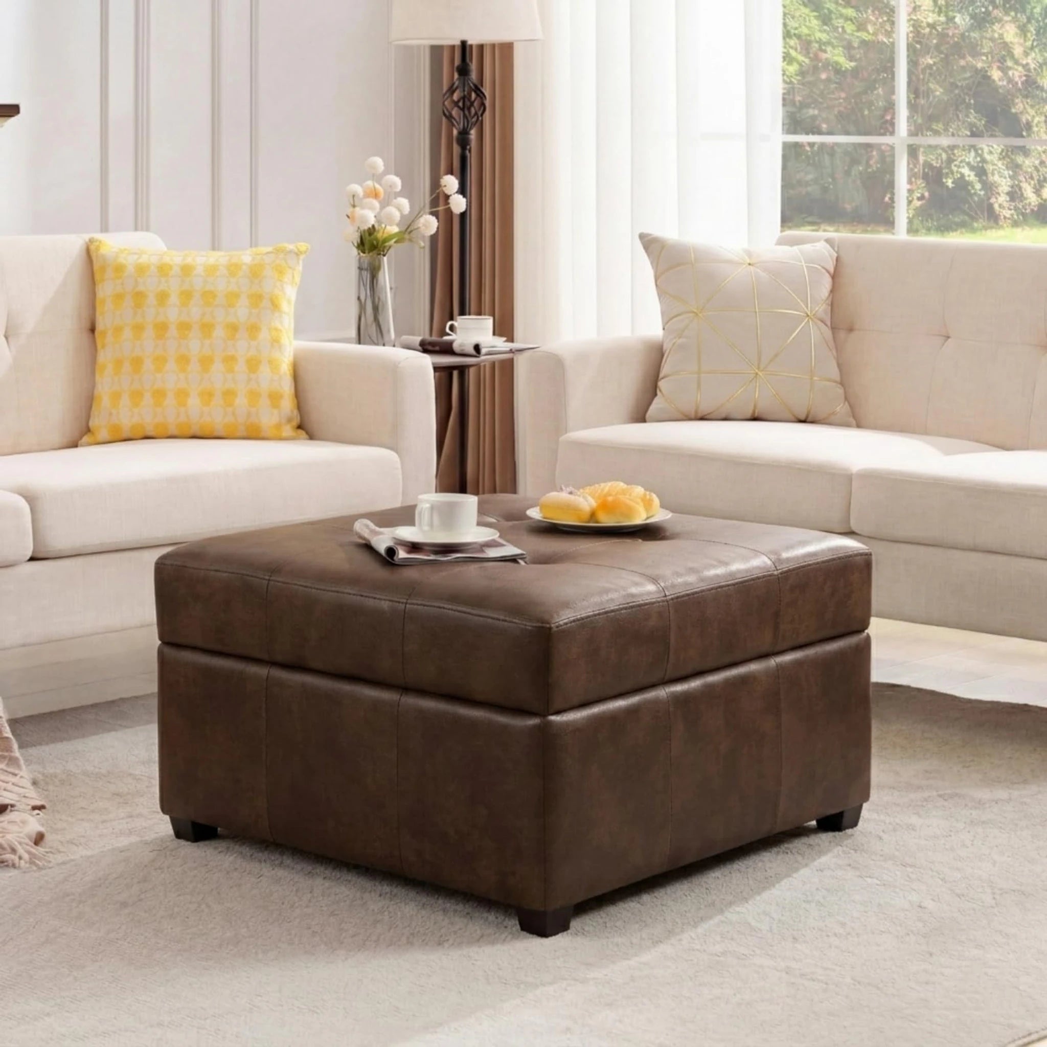 Homebeez Mottled Brown Tufted Faux Leather Storage Ottoman – styled home scene