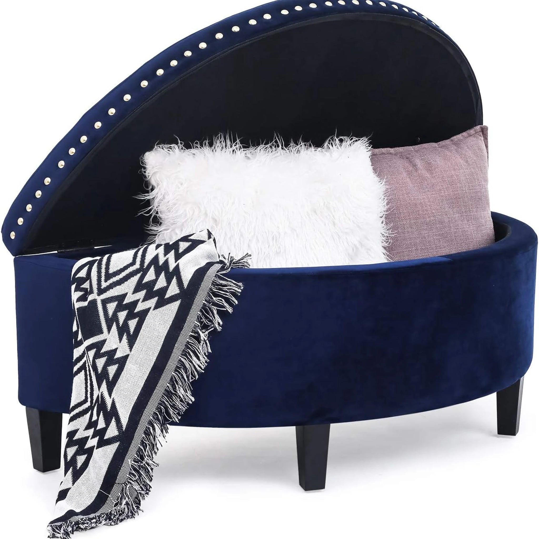 Homebeez Navy Blue Lift-Top Tufted Faux Leather Storage Ottoman Bench – styled home scene