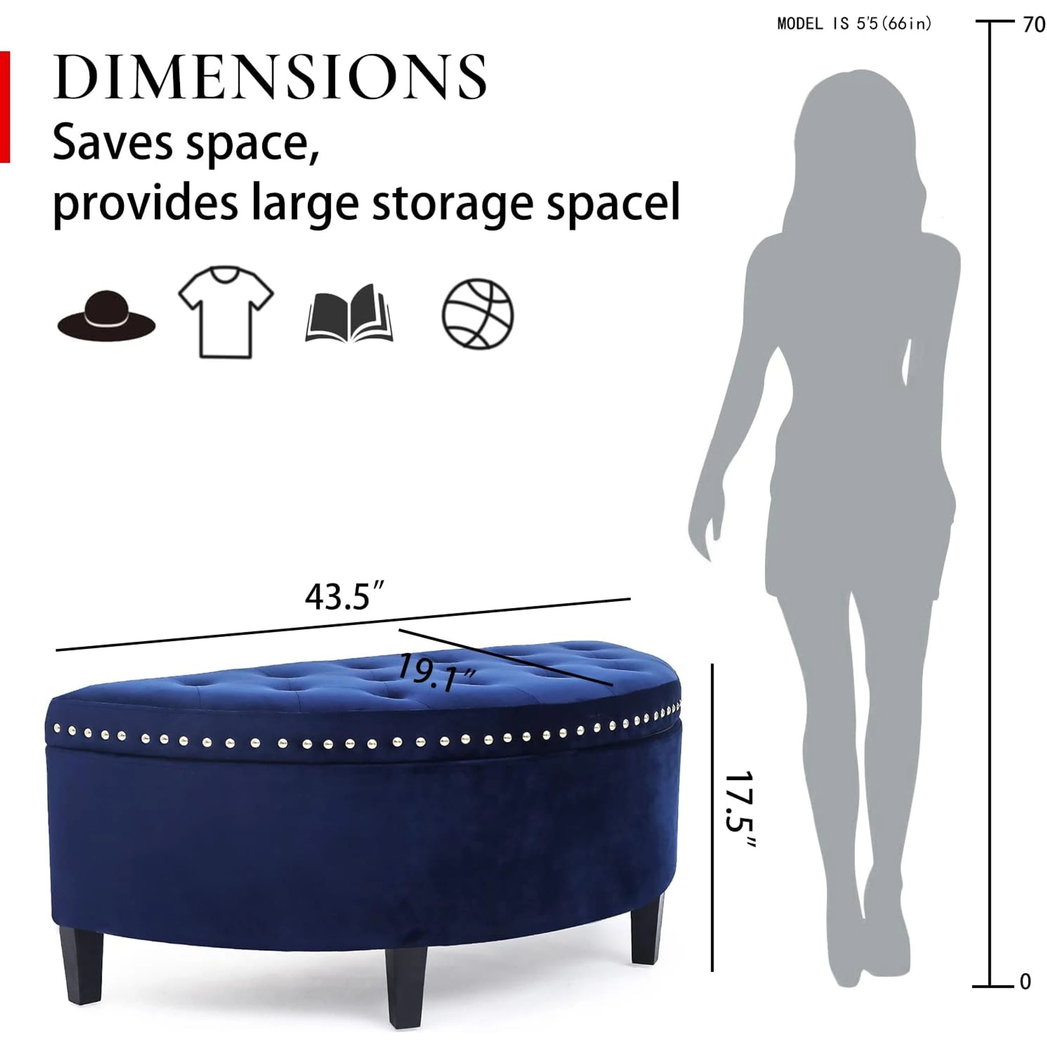 Homebeez Navy Blue Lift-Top Tufted Faux Leather Storage Ottoman Bench – dimensions chart